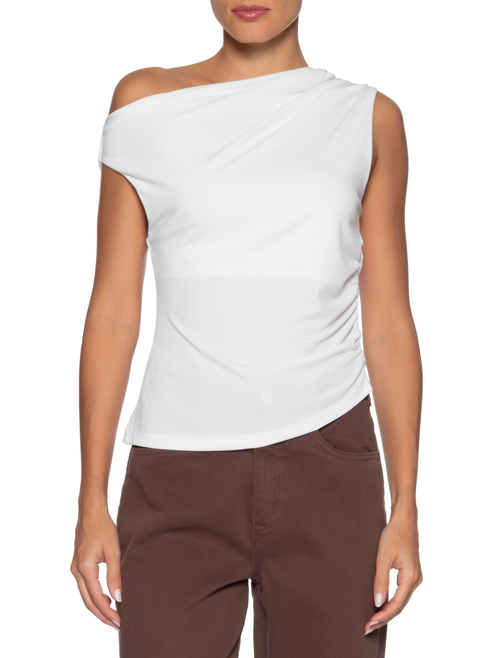 Blusa Feminina Drapeada Ombro Único – Branco Basiq