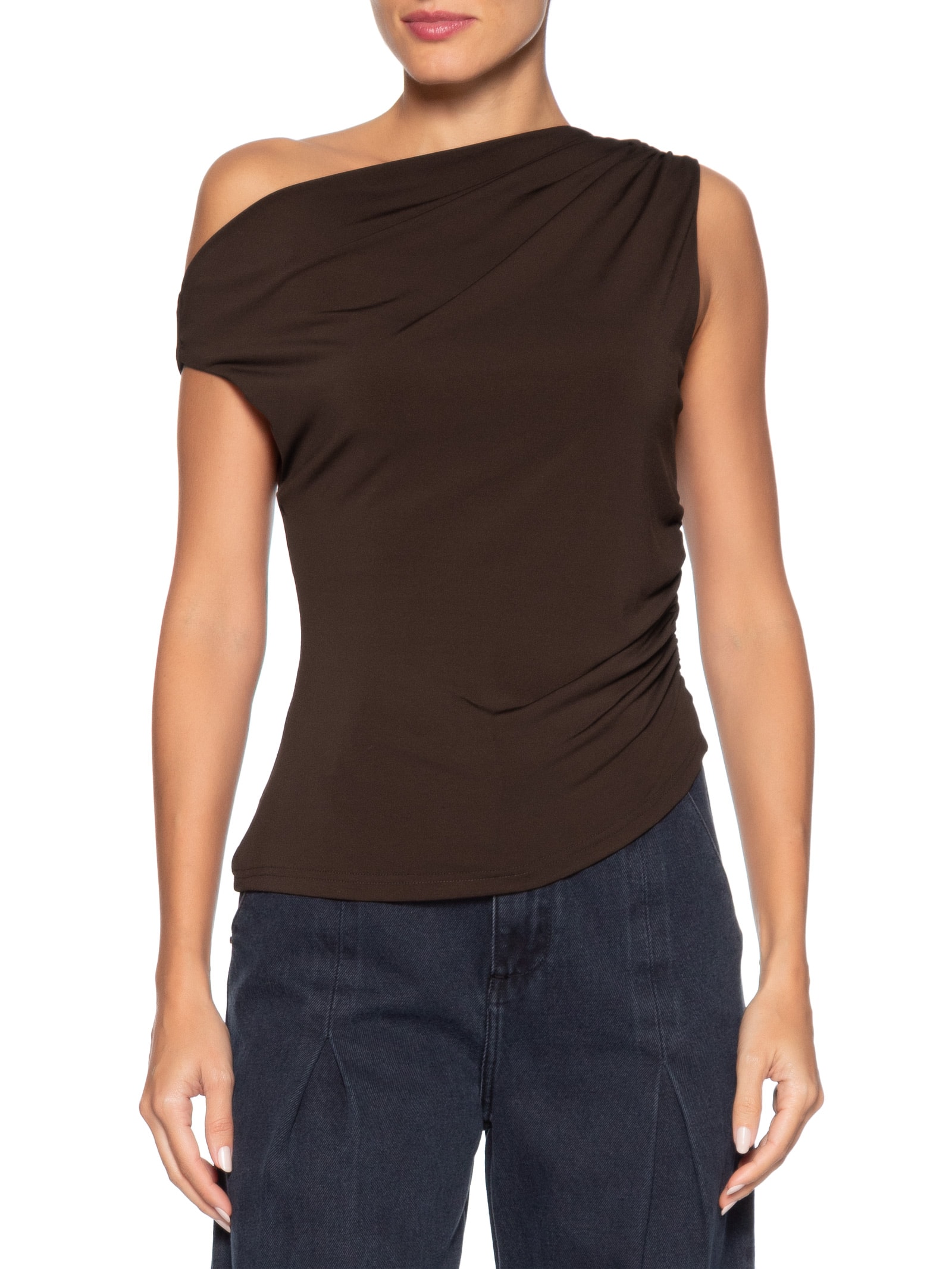 Blusa Feminina Drapeada Ombro Único – Marrom Basiq