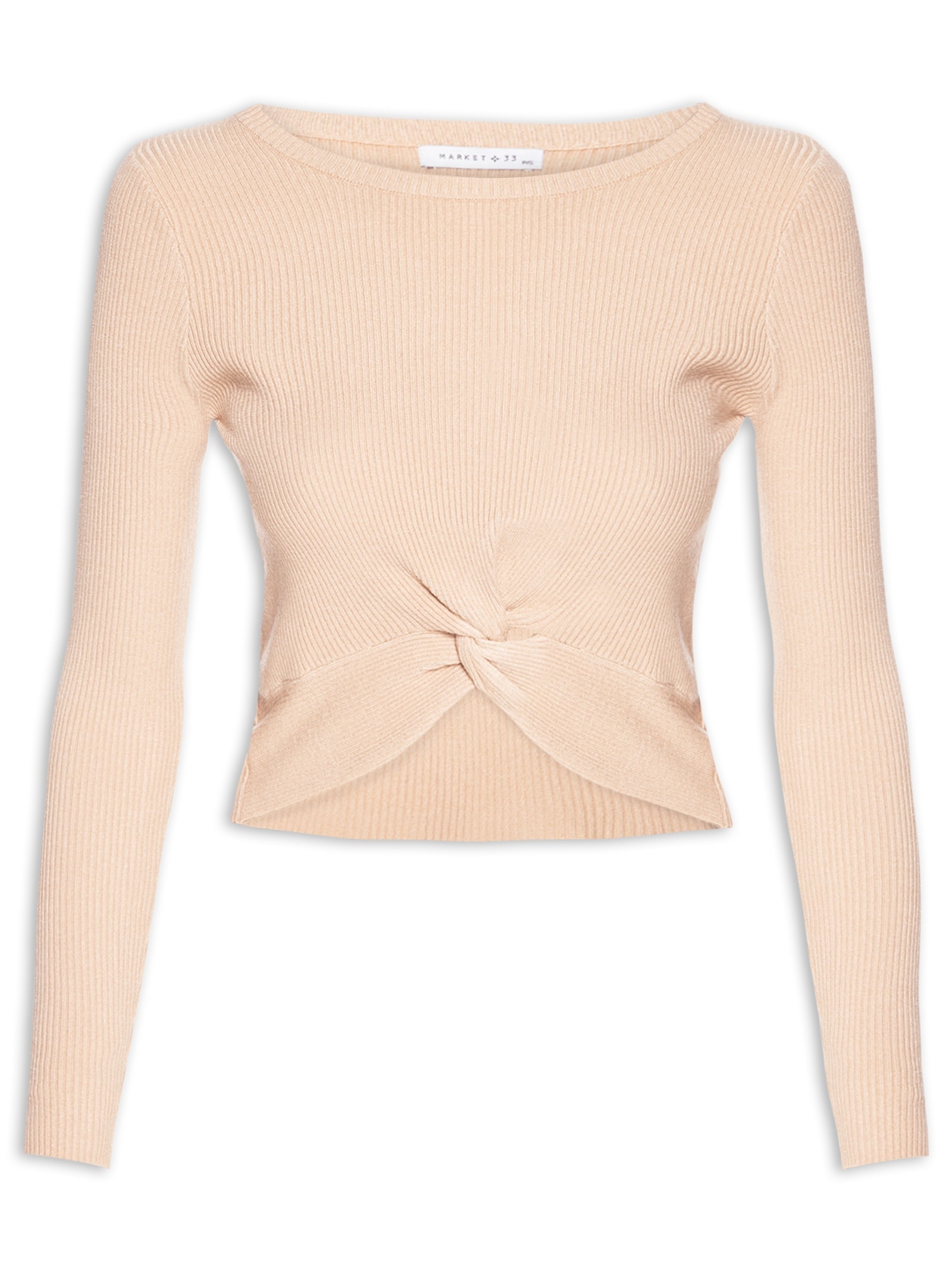 Blusa Feminina Em Malha Canelada Com Torção Frontal Bege Market 33