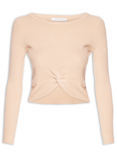 Blusa Feminina Em Malha Canelada Com Torção Frontal – Bege