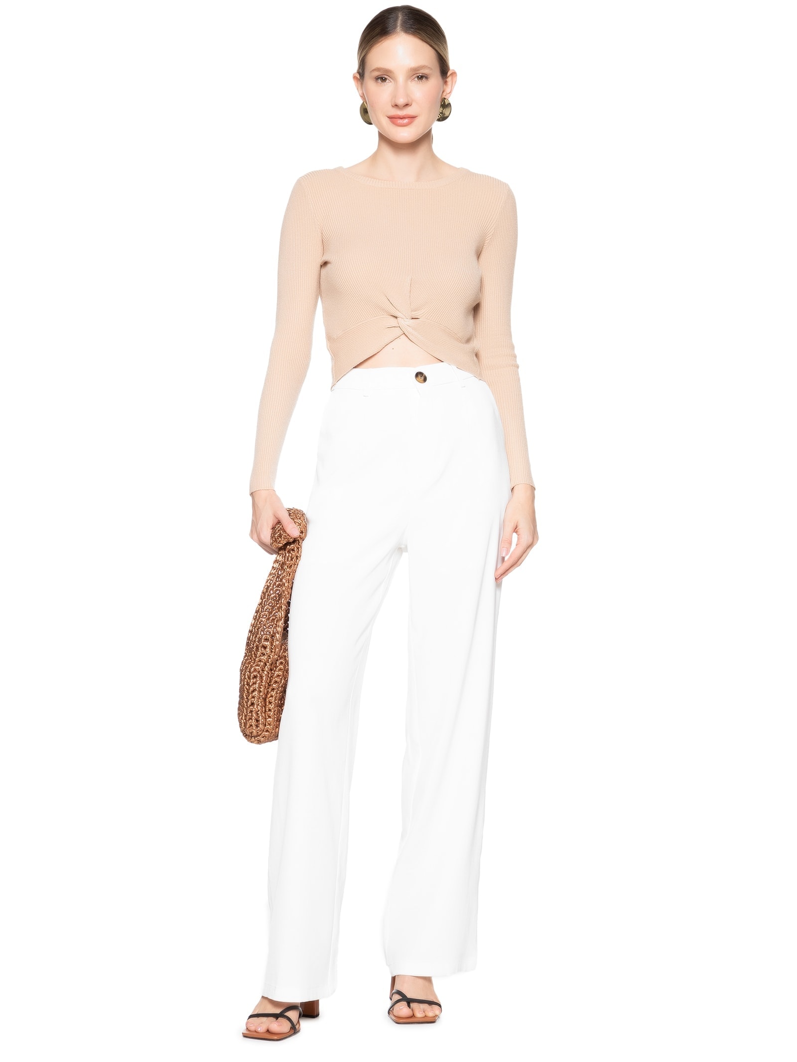 Blusa Feminina Em Malha Canelada Com Torção Frontal Bege Market 33