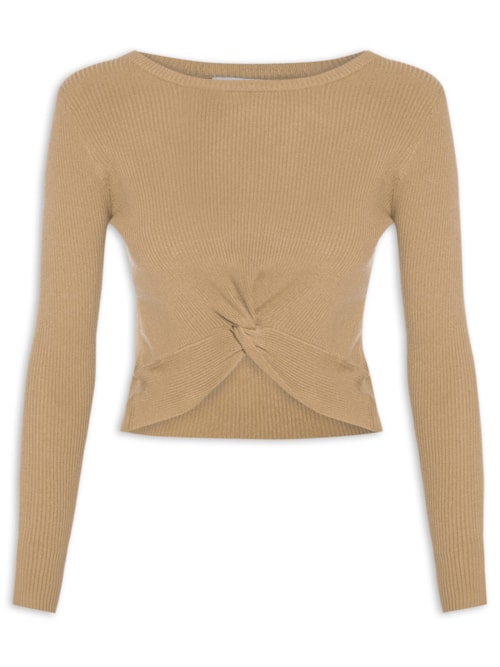 Blusa Feminina Em Malha Canelada Com Torção Frontal – Marrom