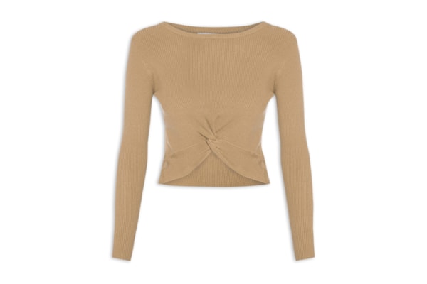 Blusa Feminina Em Malha Canelada Com Torção Frontal - Marrom