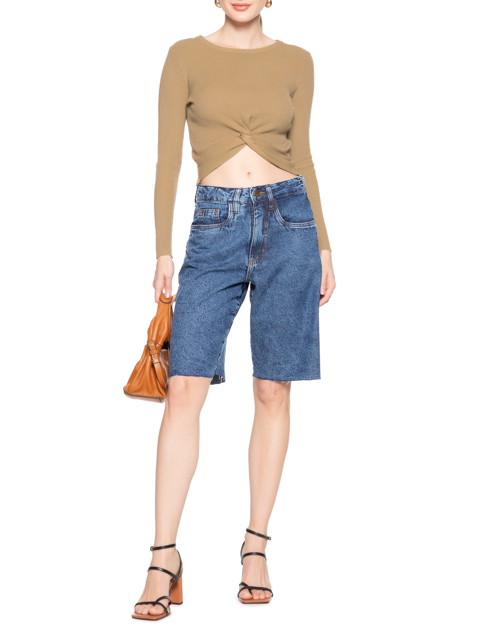 Blusa Feminina Em Malha Canelada Com Torção Frontal Marrom Market 33