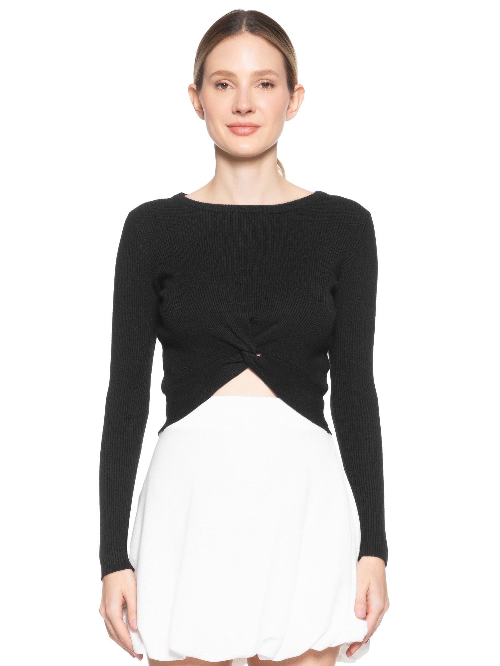 Blusa Feminina Em Malha Canelada Com Torção Frontal Preto Market 33