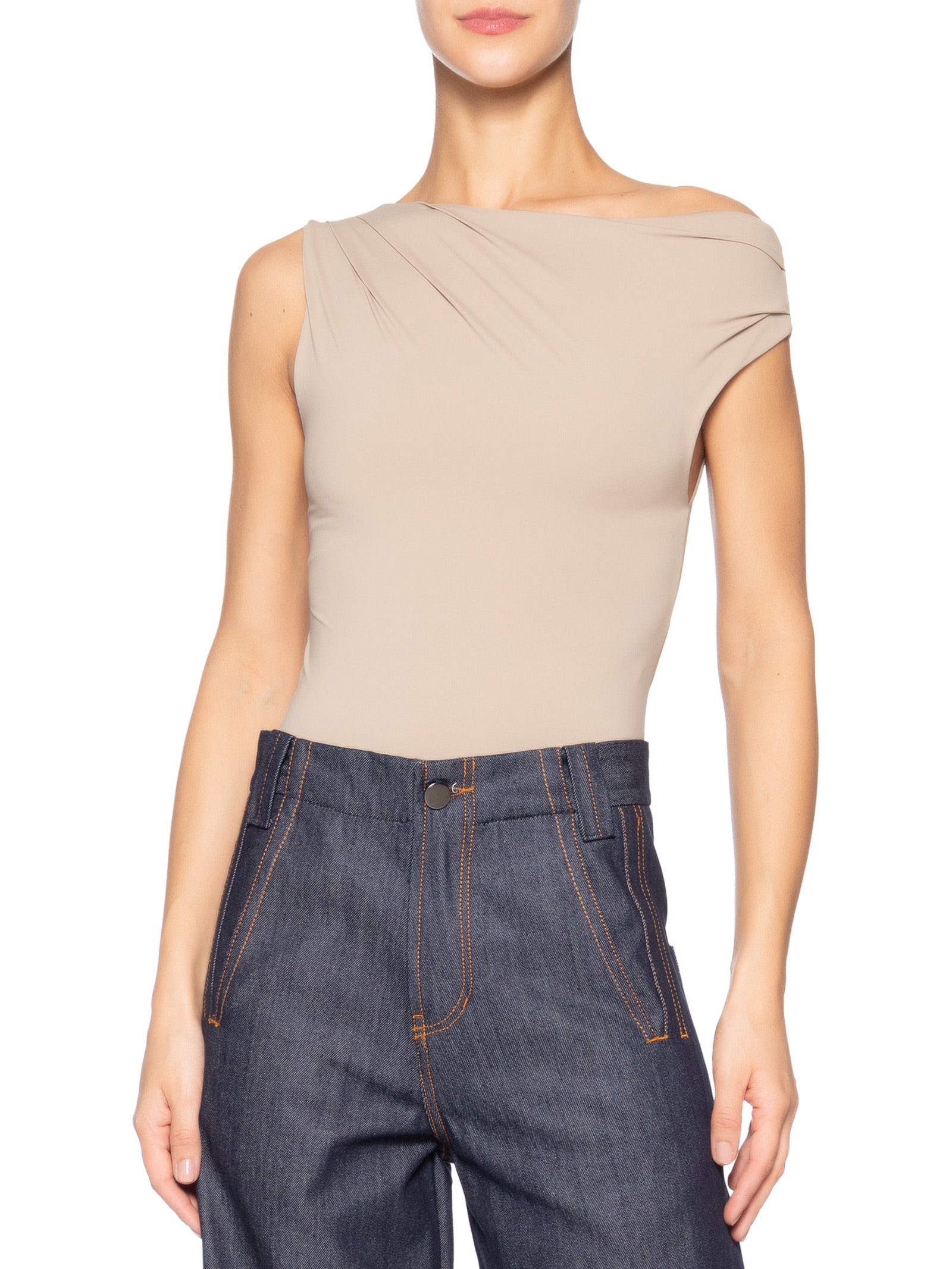 Blusa Feminina Em Poliamida Com Decote Assimétrico Bege Market 33