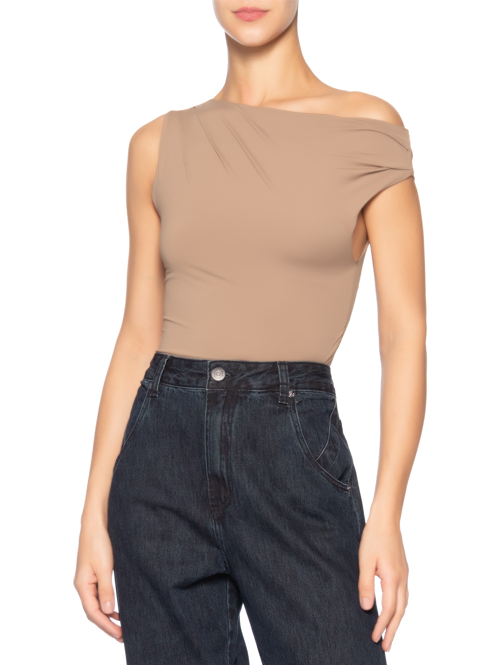 Blusa Feminina Em Poliamida Com Decote Assimétrico Marrom Market 33
