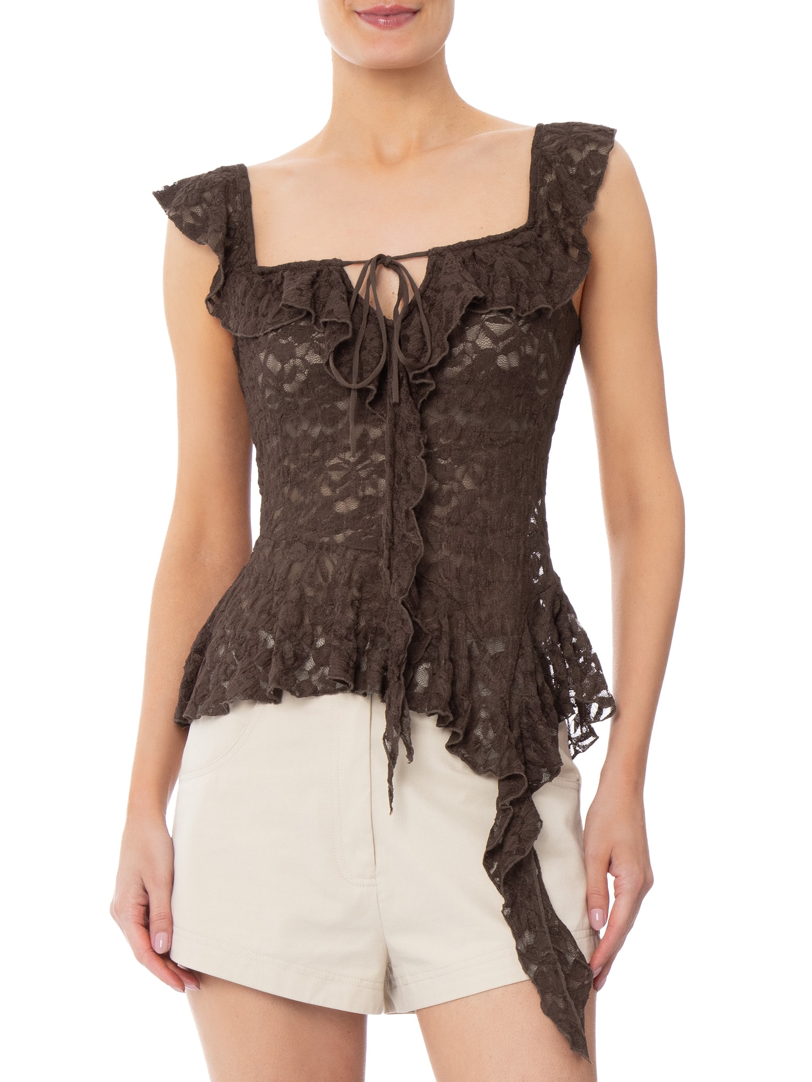 Blusa Feminina Em Renda Com Babados Marrom Market 33