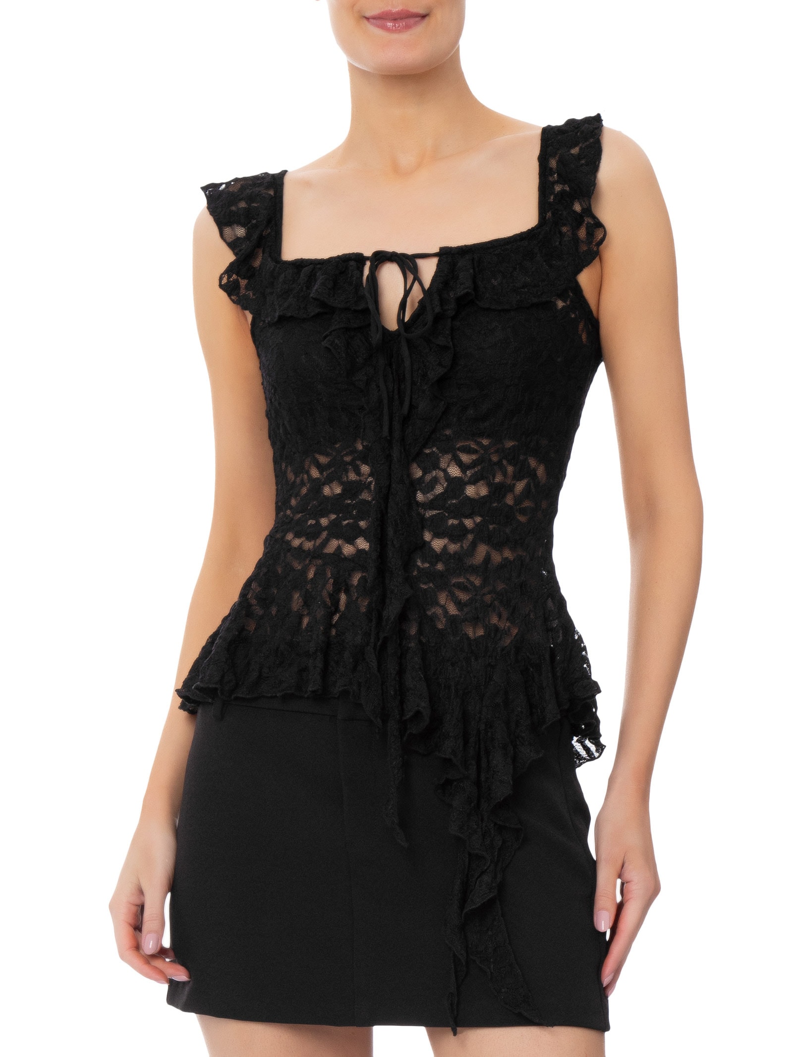 Blusa Feminina Em Renda Com Babados Preto Market 33
