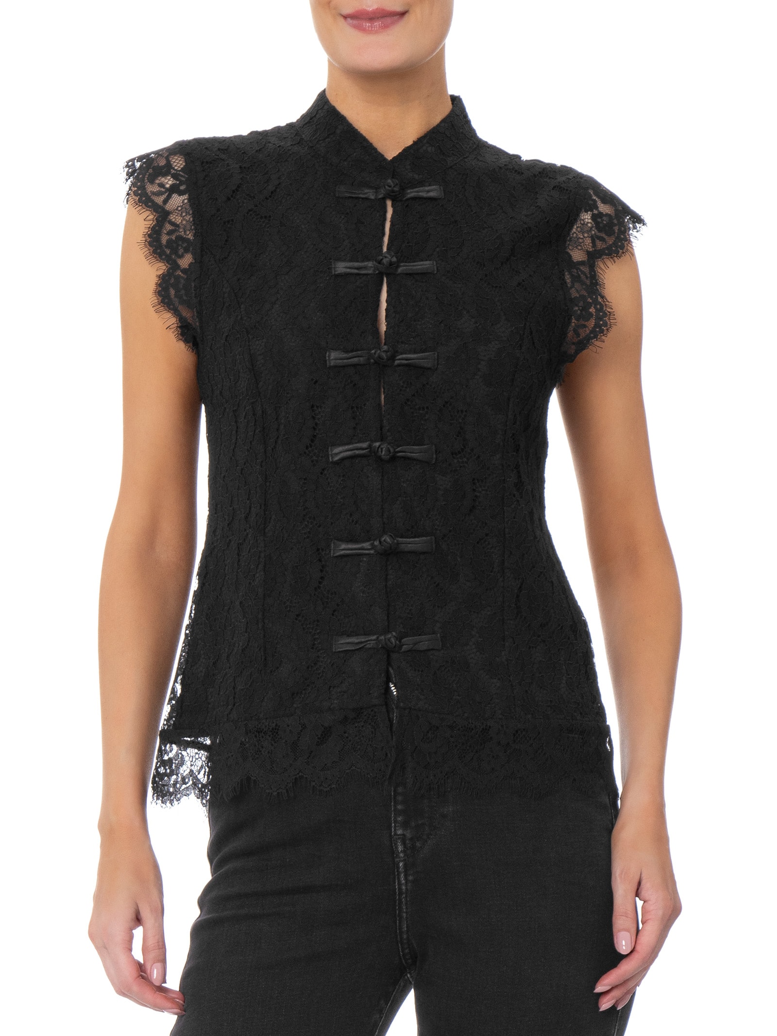 Blusa Feminina em Renda com Fecho em Nó Chinês Preto Market 33