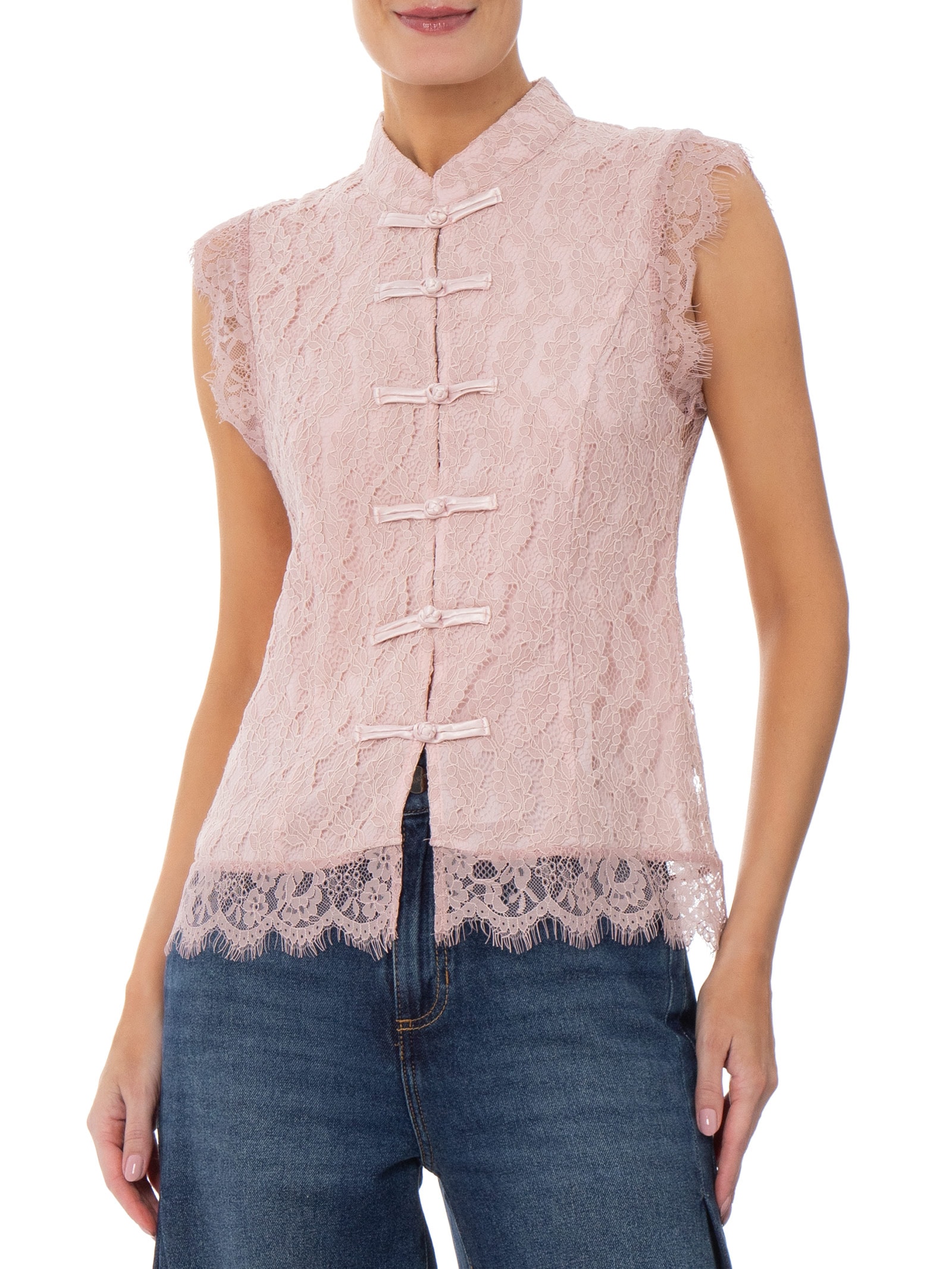 Blusa Feminina em Renda com Fecho em Nó Chinês Rosa Market 33