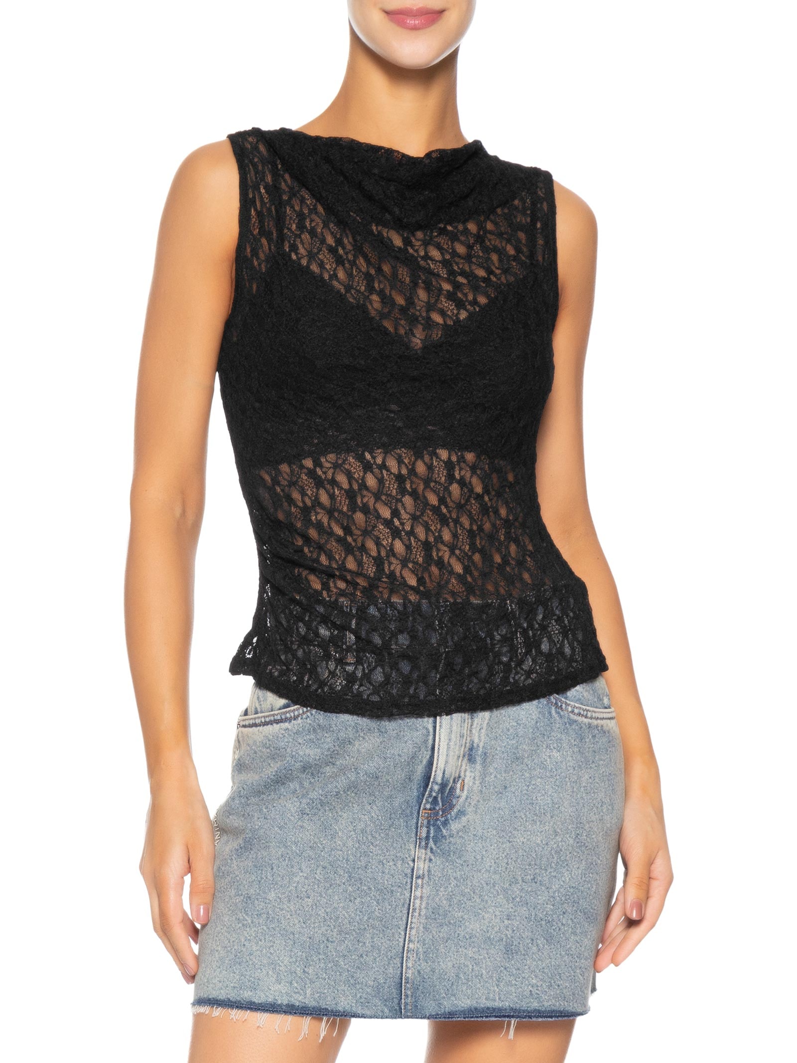 Blusa Feminina Em Renda Com Transparência Preto Market 33