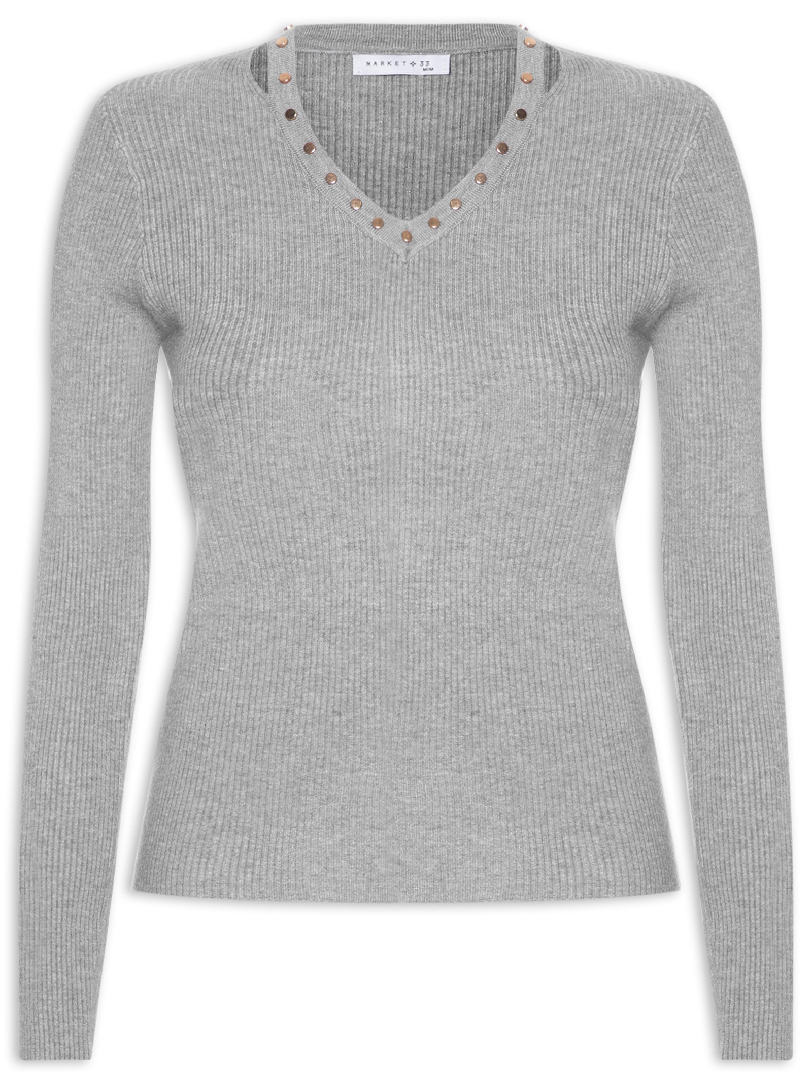 Blusa Feminina Em Tricot Com Aplicação De Tachas Cinza Market 33