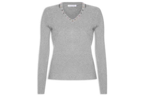 Blusa Feminina Em Tricot Com Aplicação De Tachas - Cinza