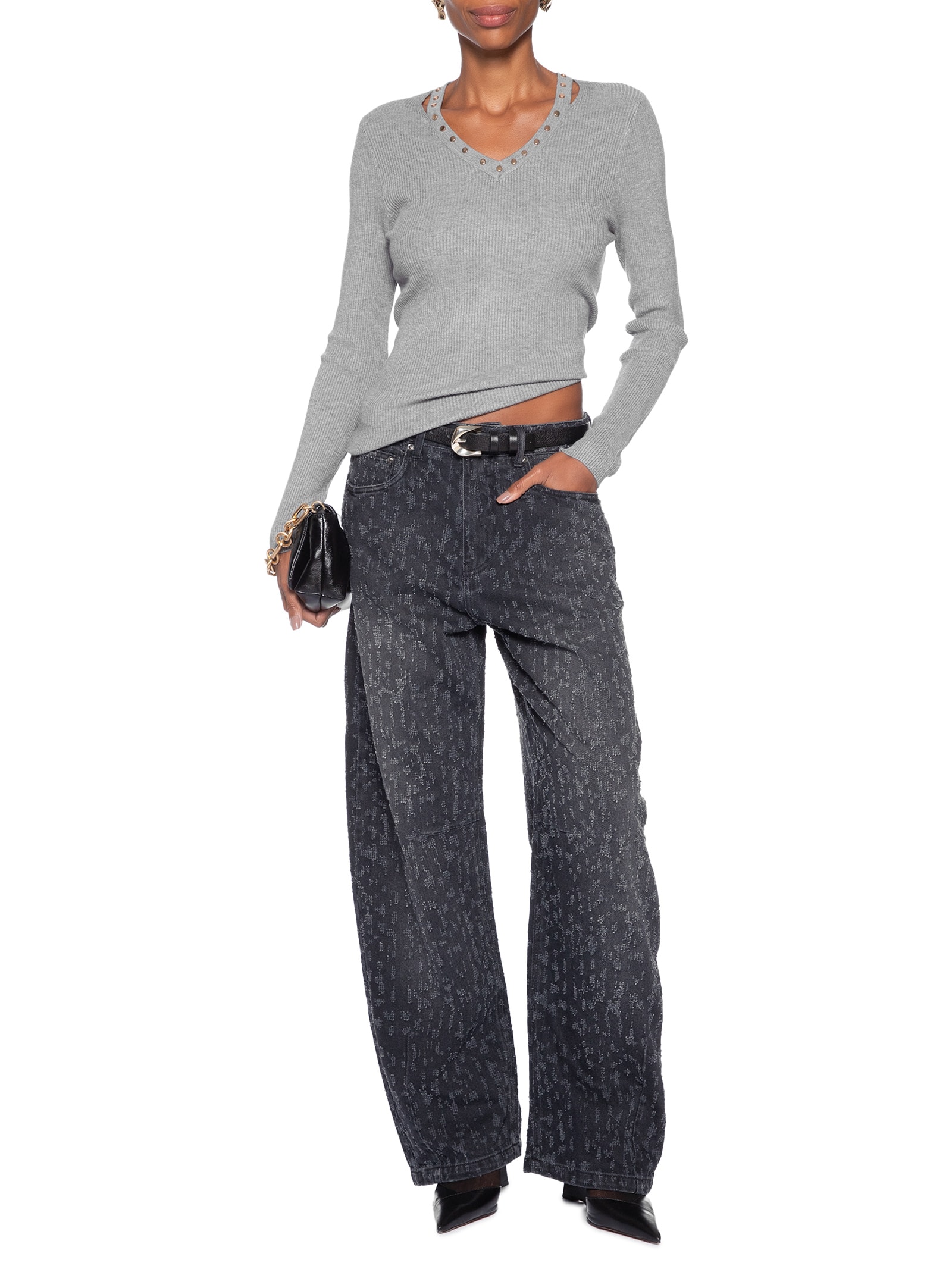 Blusa Feminina Em Tricot Com Aplicação De Tachas Cinza Market 33