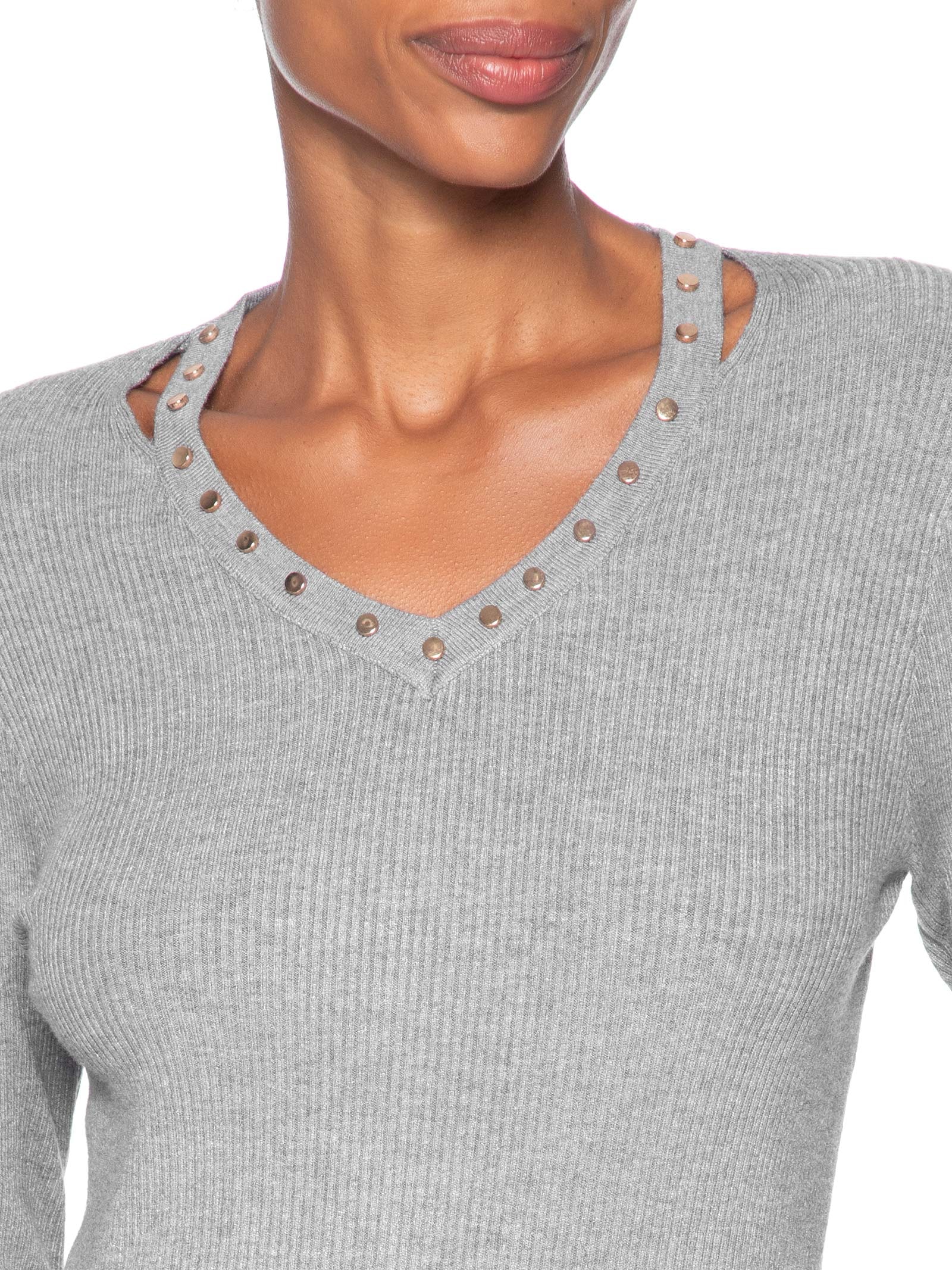Blusa Feminina Em Tricot Com Aplicação De Tachas Cinza Market 33