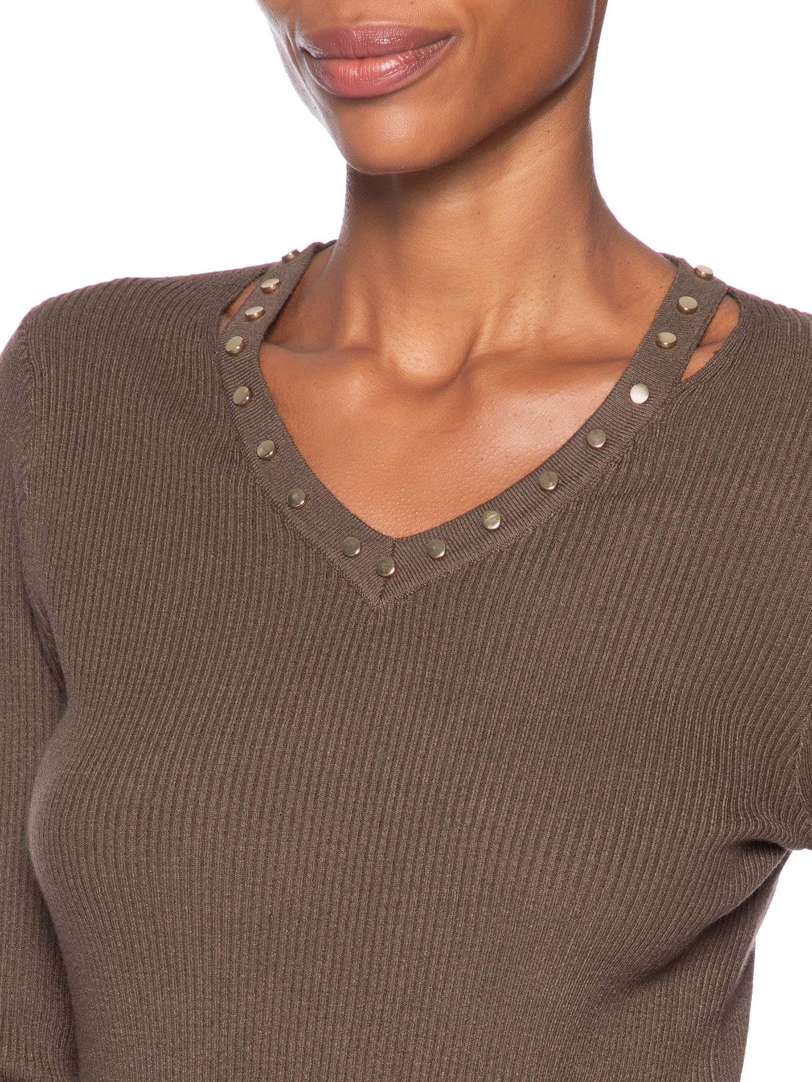Blusa Feminina Em Tricot Com Aplicação De Tachas Marrom Market 33