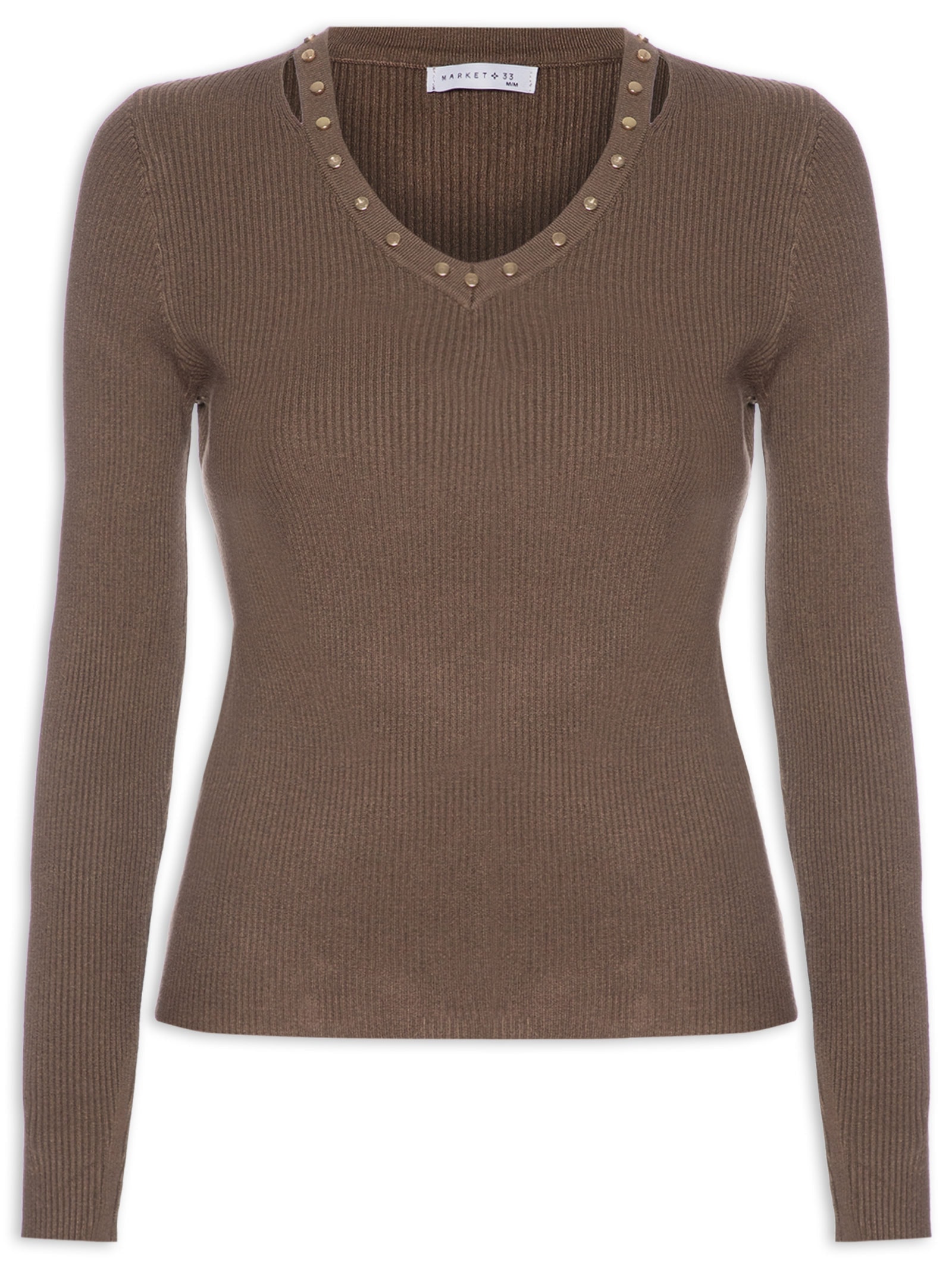 Blusa Feminina Em Tricot Com Aplicação De Tachas Marrom Market 33