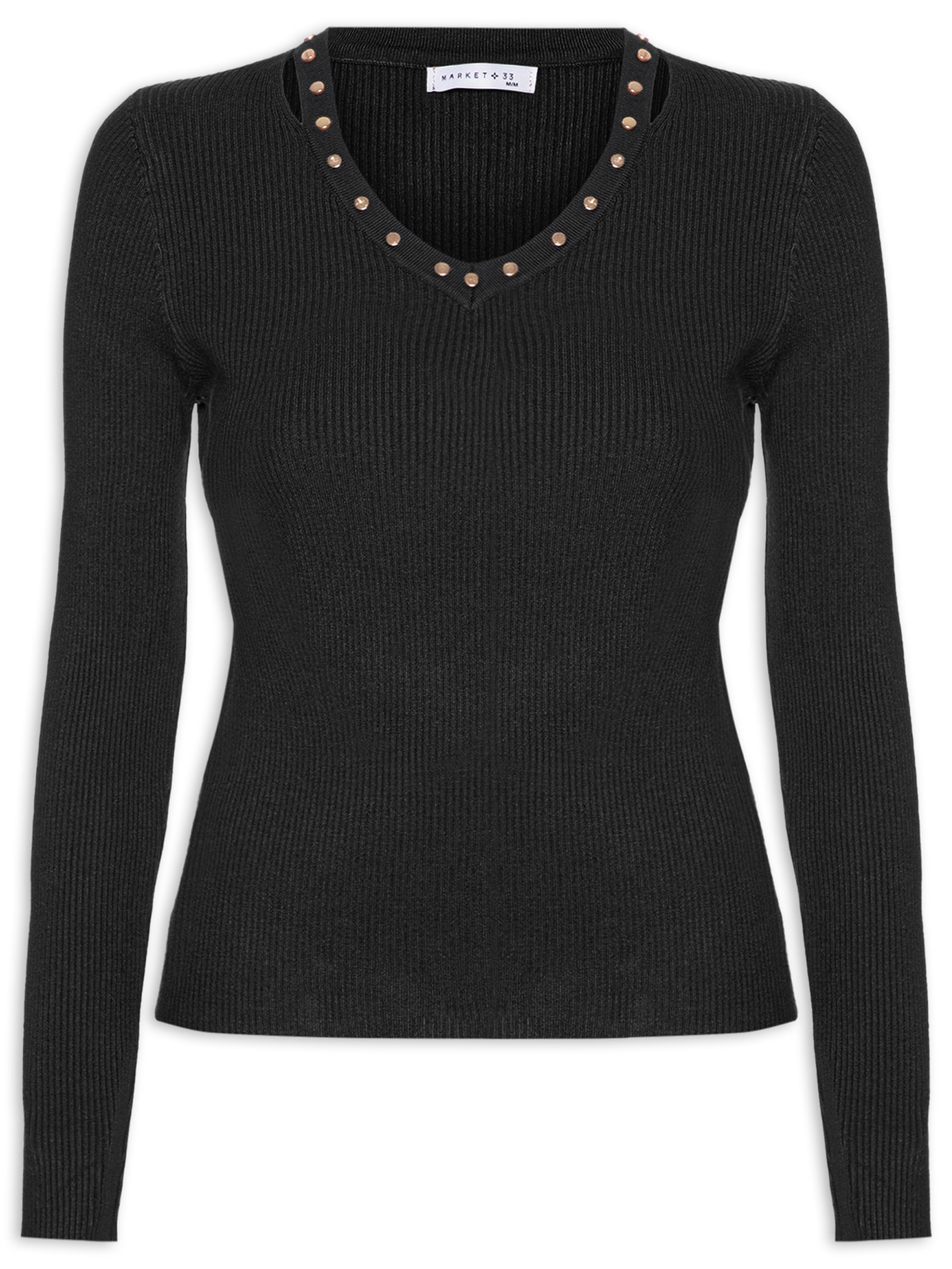 Blusa Feminina Em Tricot Com Aplicação De Tachas Preto Market 33