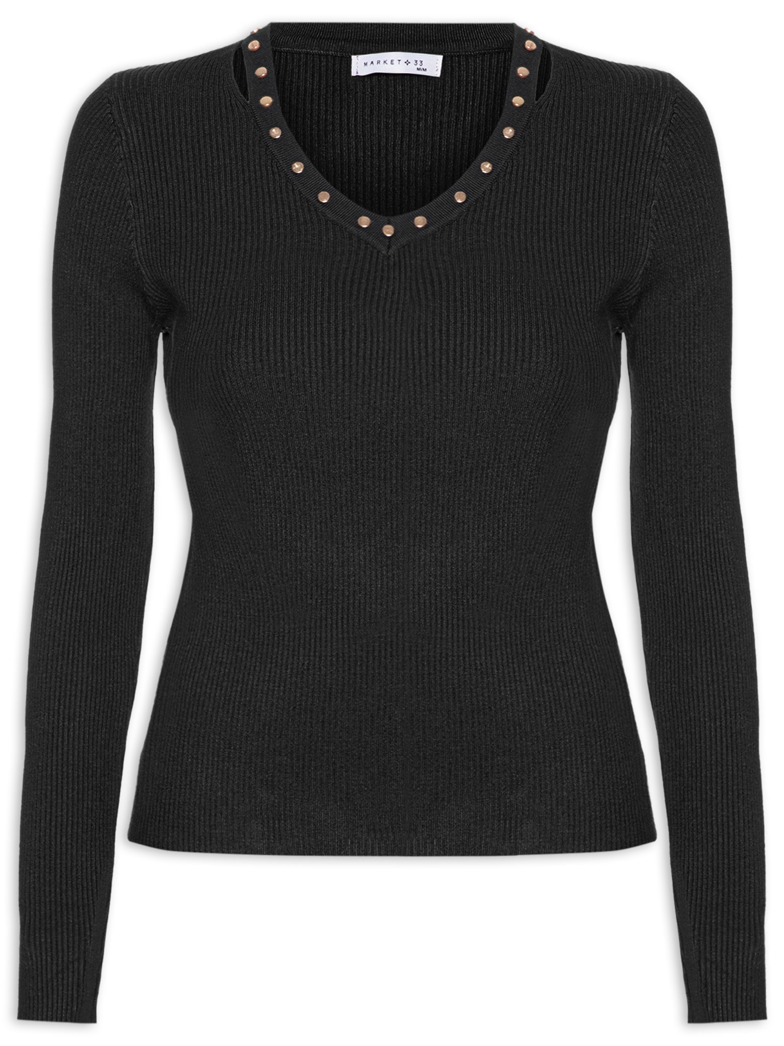 Blusa Feminina Em Tricot Com Aplicação De Tachas Preto Market 33