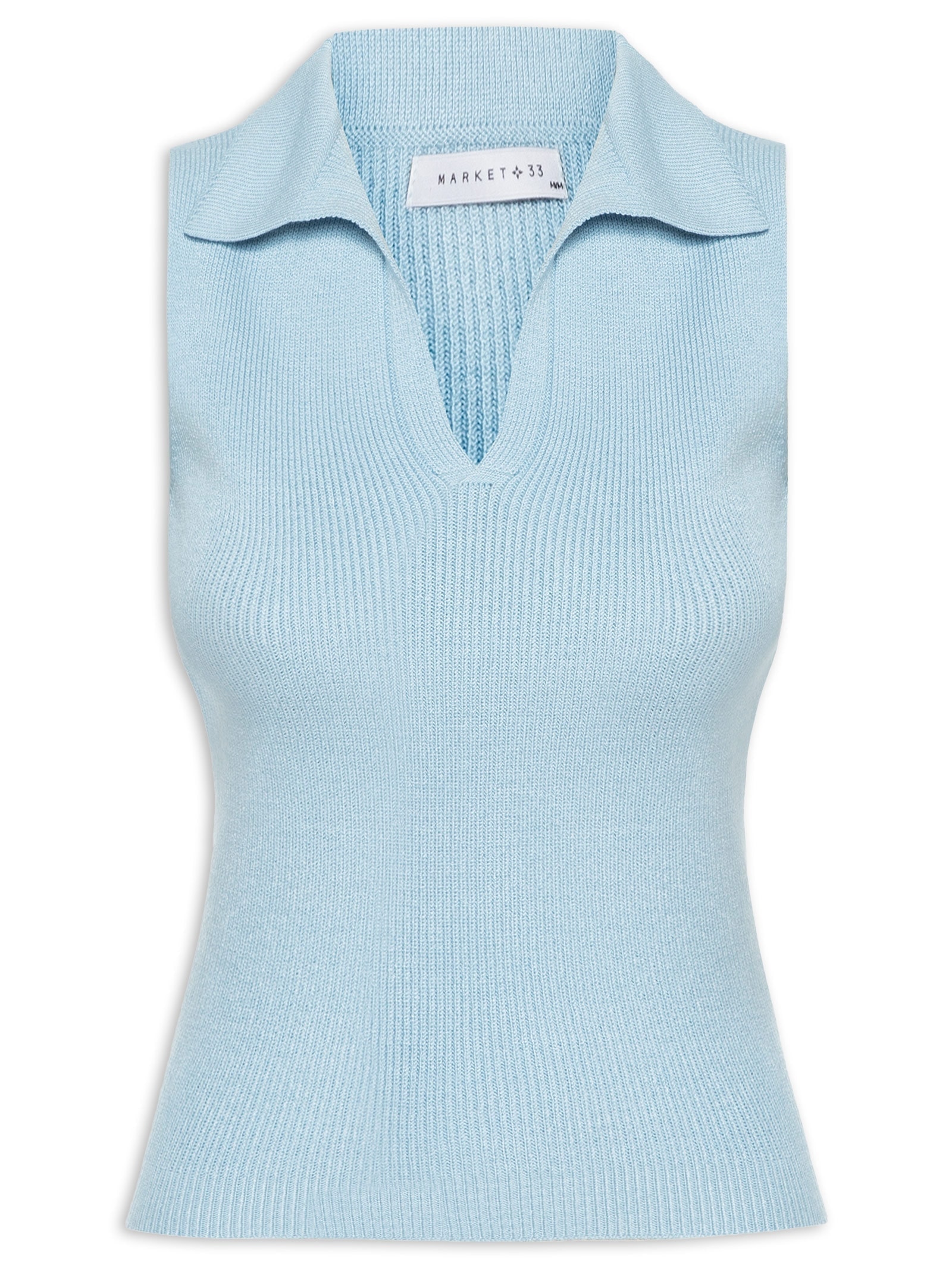 Blusa Feminina Em Tricot Com Gola Polo Azul Market 33