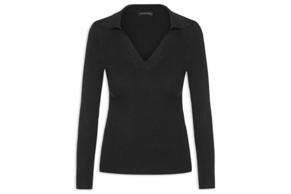 Blusa Feminina Em Tricot Com Gola Polo - Preto