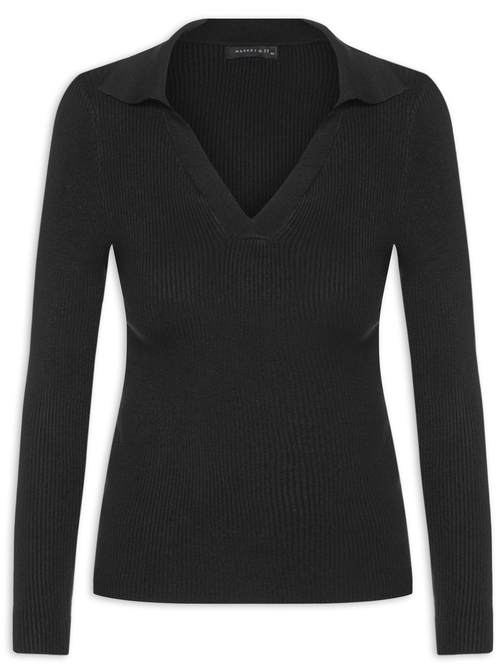 Blusa Feminina Em Tricot Com Gola Polo Preto Market 33