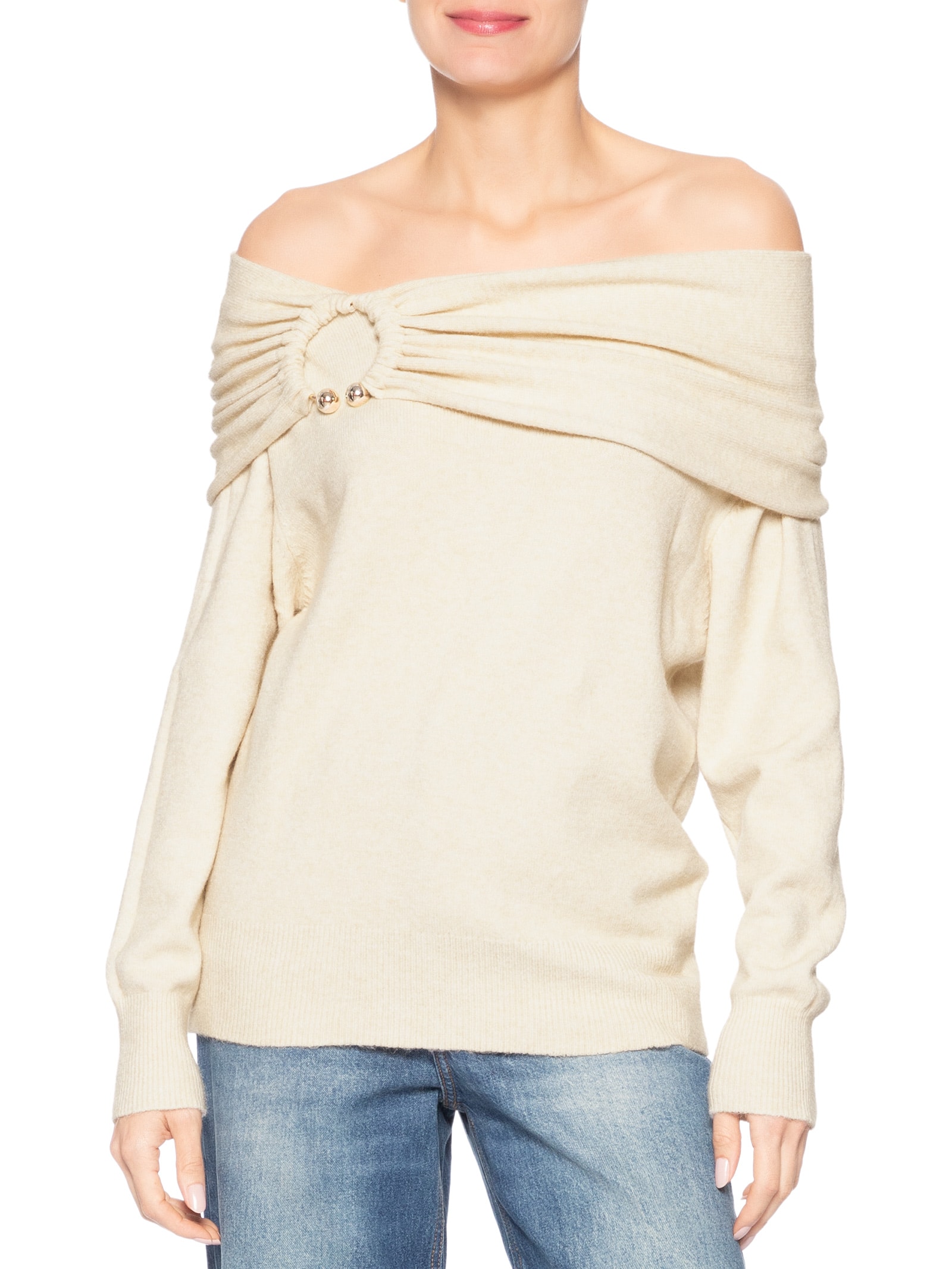 Blusa Feminina em Tricot com Sobreposição Bege Market 33