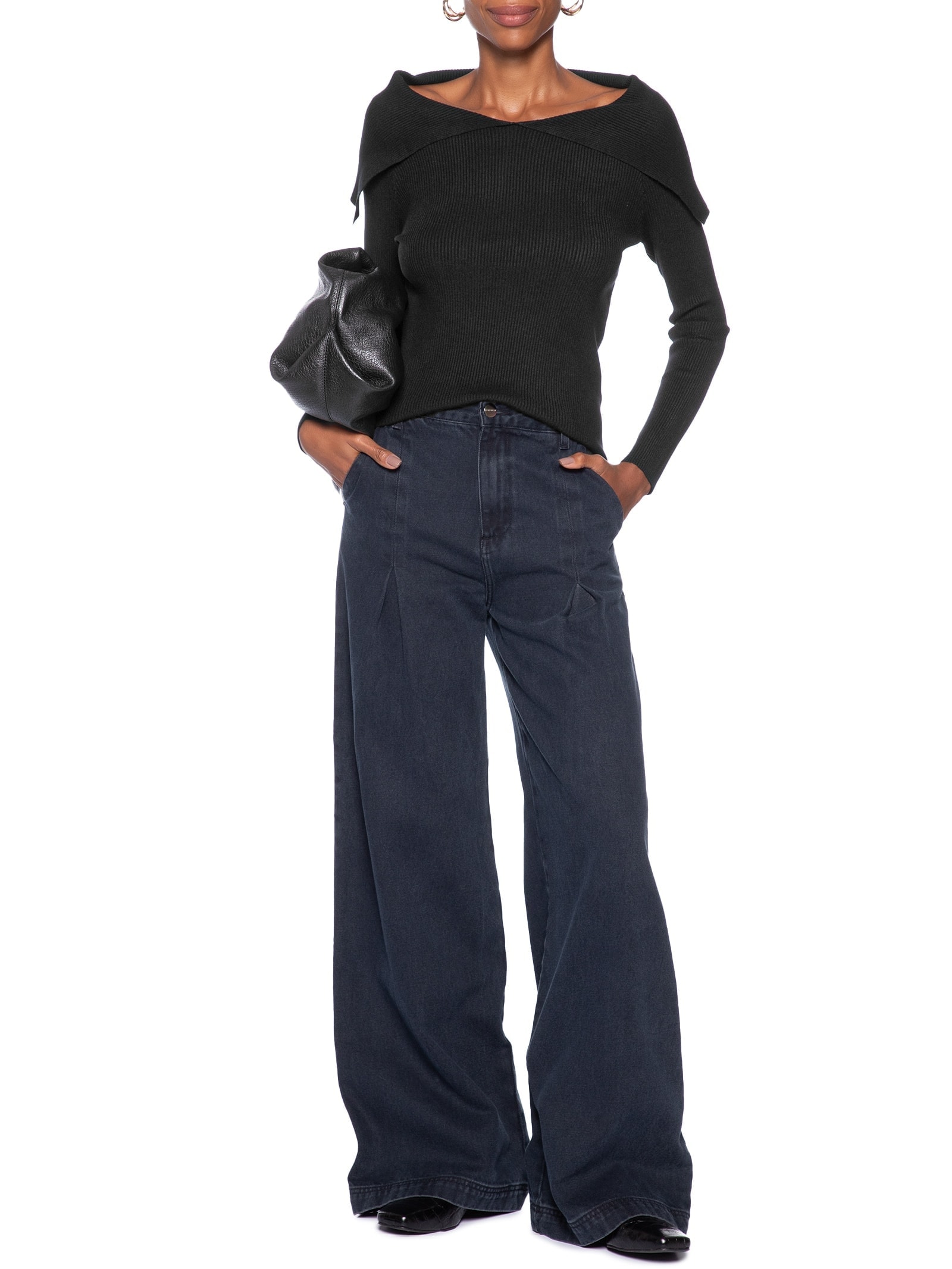 Blusa Feminina  em Tricot Ombro a Ombro Preto Basiq