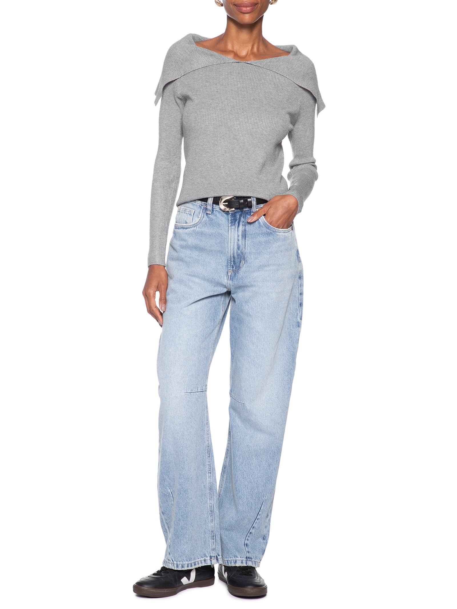Blusa Feminina  em Tricot Ombro a Ombro – Cinza Basiq