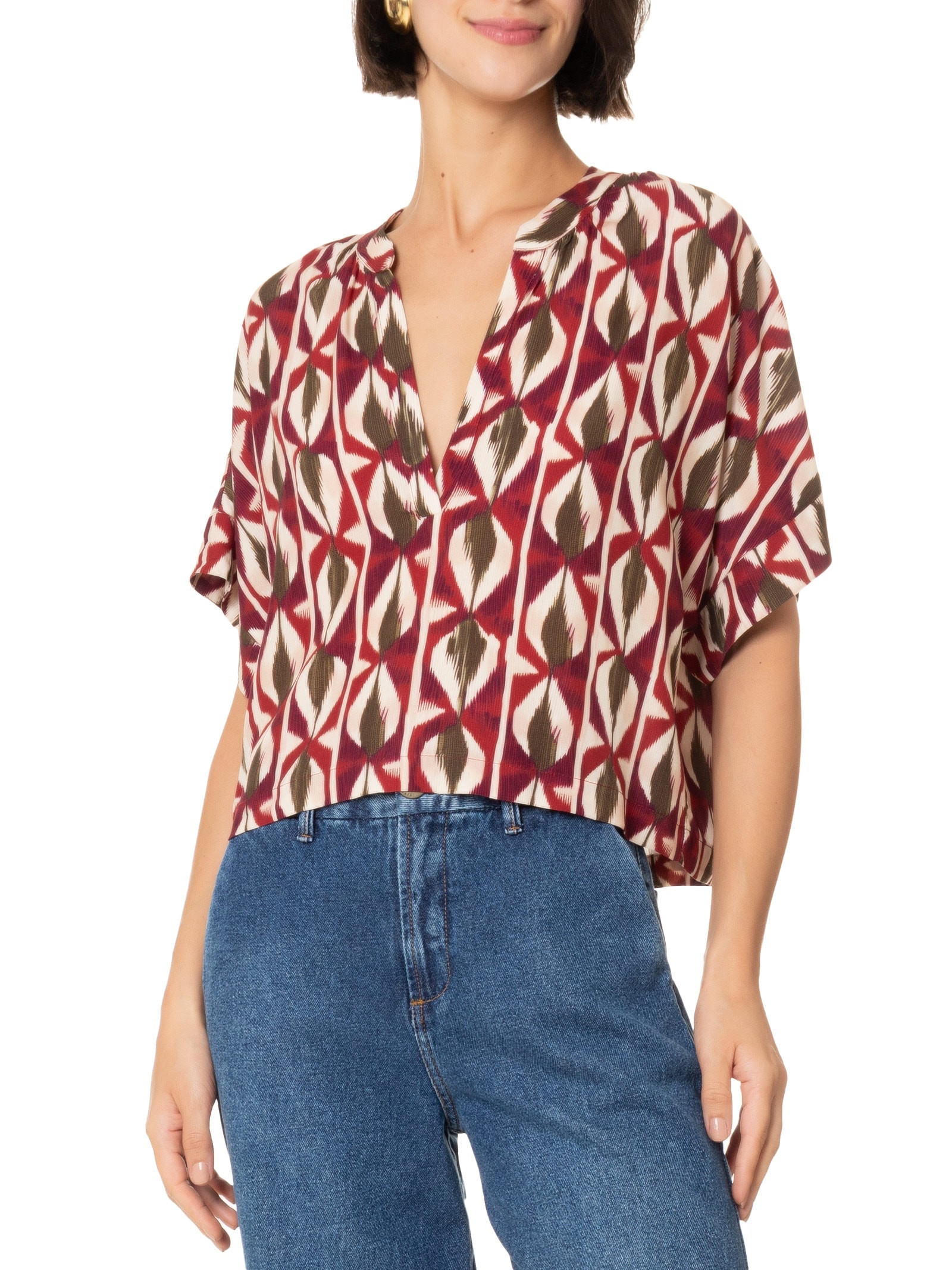 Blusa Feminina Estampa Hojas Vermelho Cantão