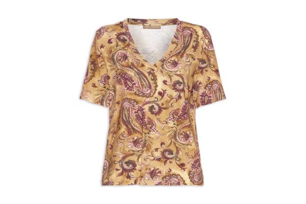 Blusa Feminina Estampada de Malha Decote V - Amarelo