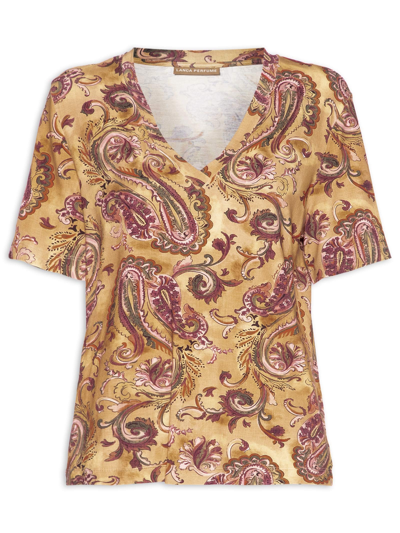 Blusa Feminina Estampada de Malha Decote V – Amarelo Lança Perfume