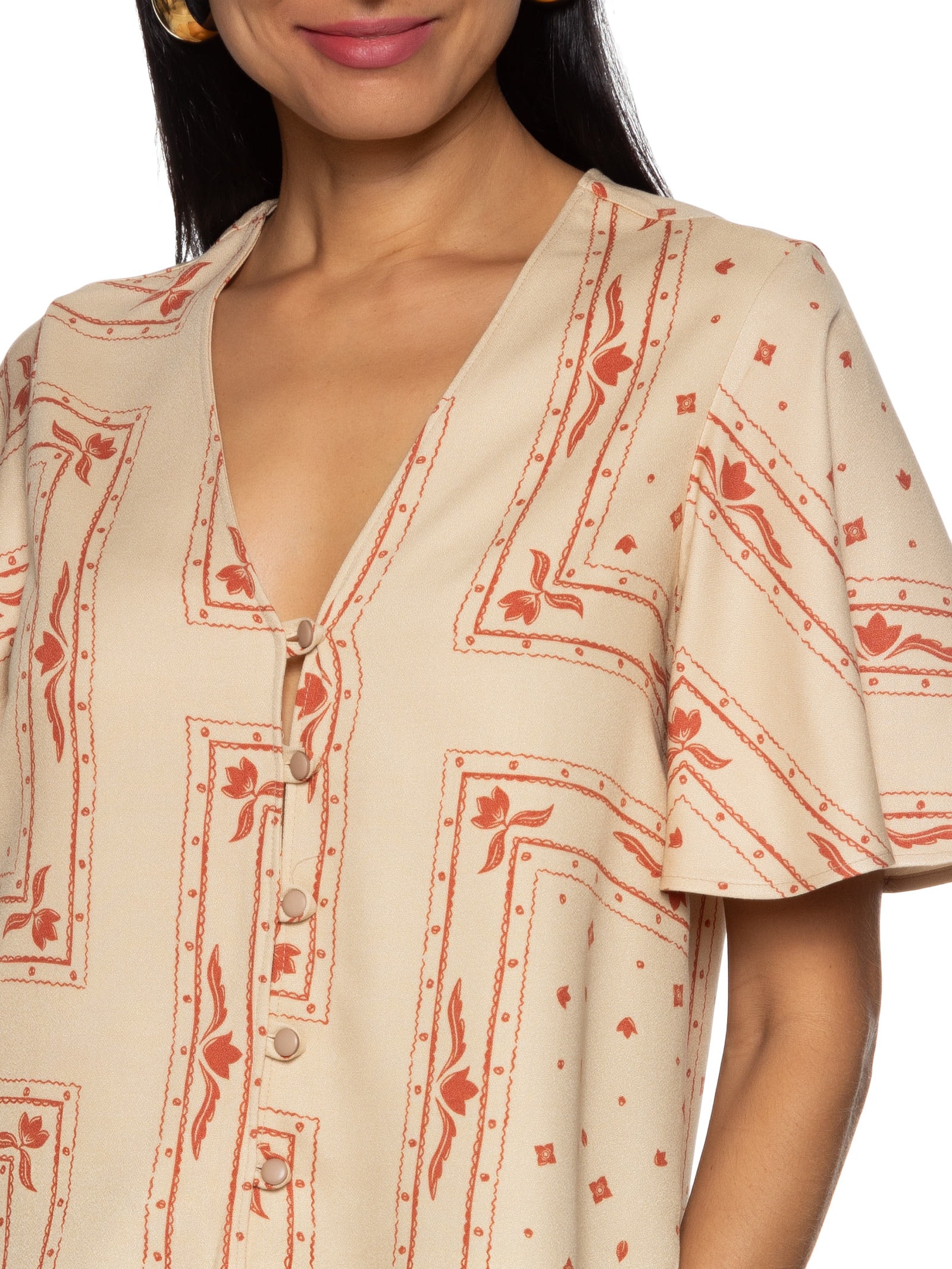 Hering Blusa Feminina Estampada Decote V Com Botões Bege