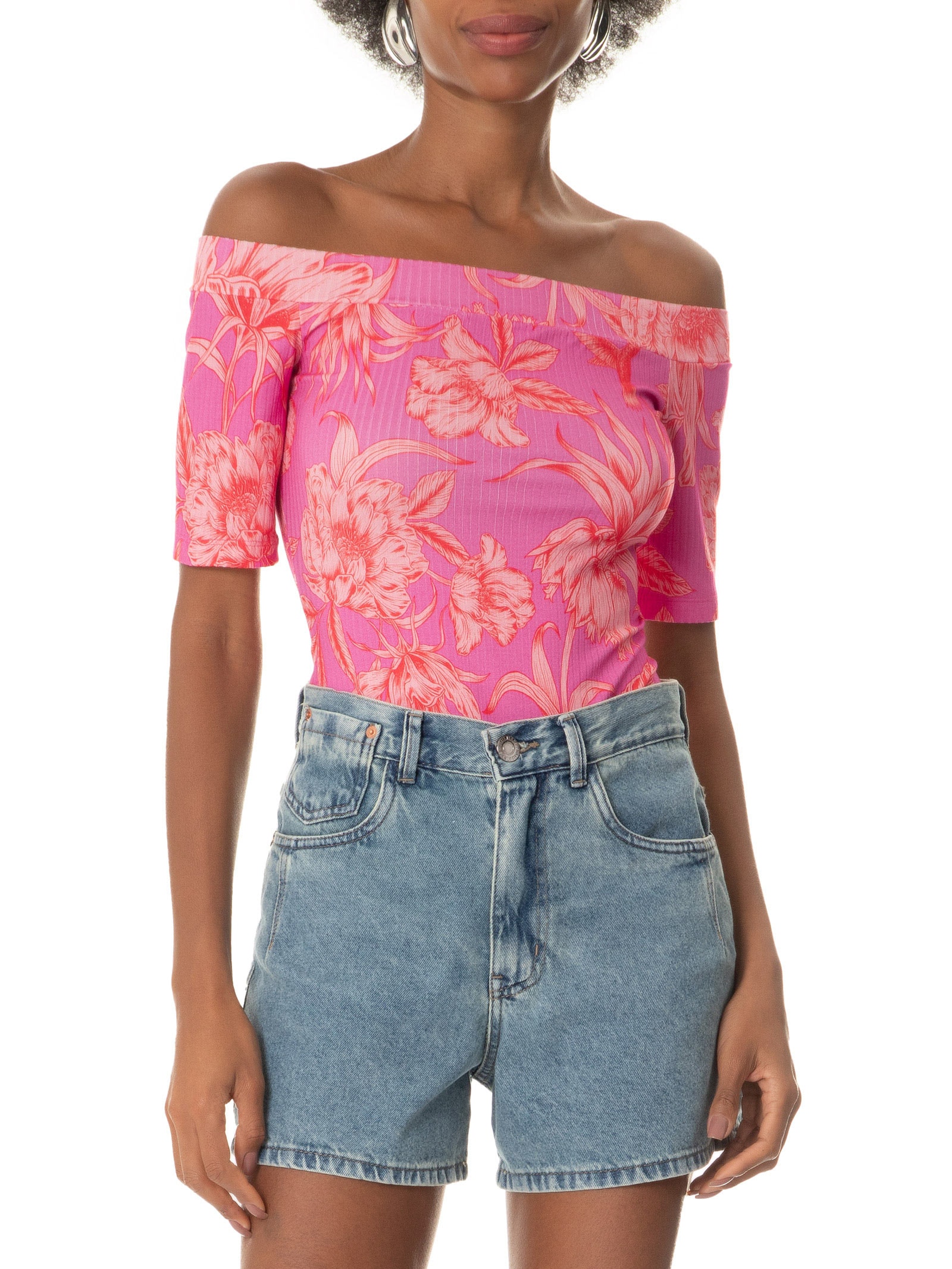  Blusa Feminina Estampada Ombro a Ombro Rosa Colcci
