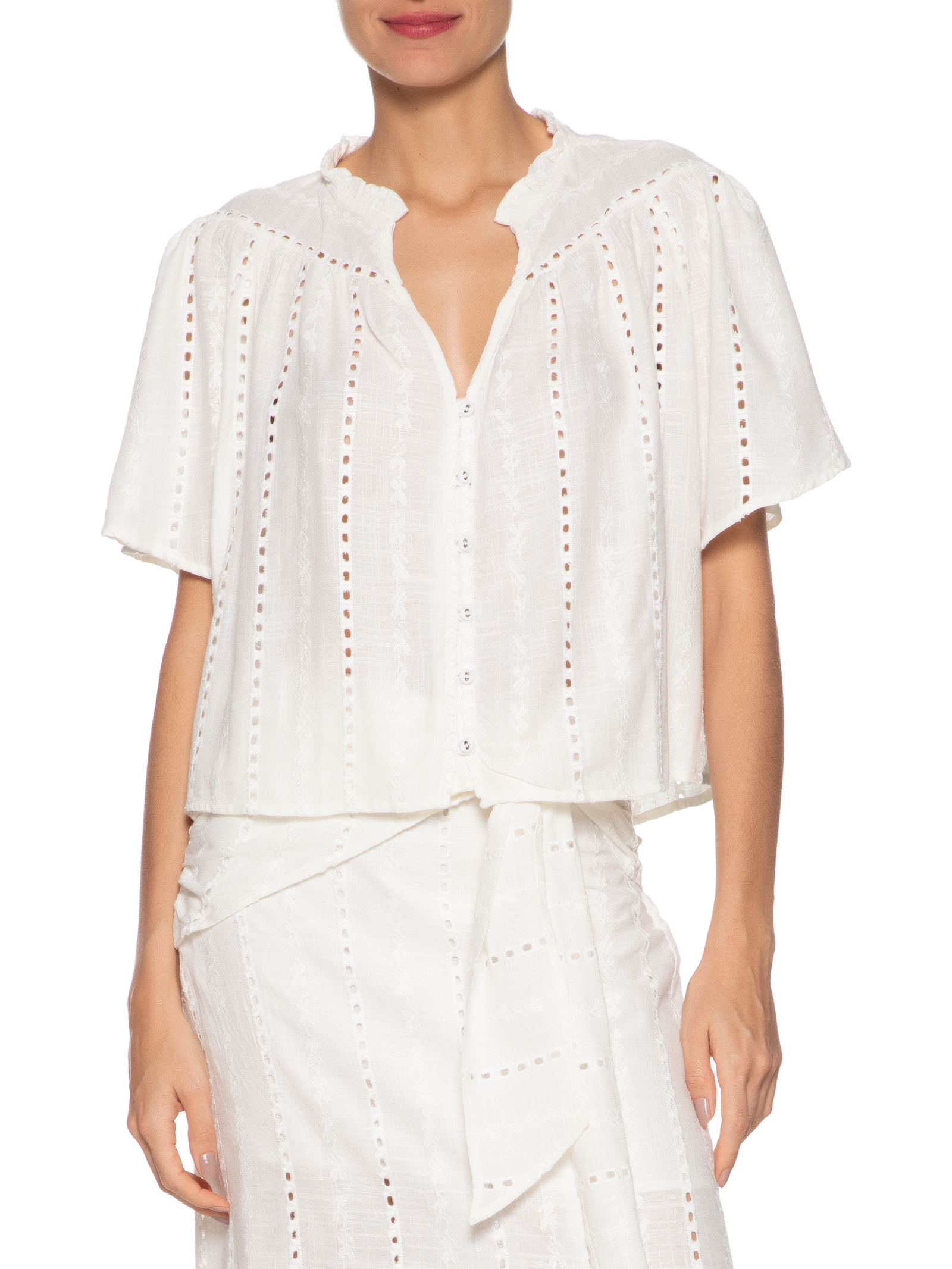 Blusa Feminina Franzido Bordado Listra Bali Branco Maria Filó