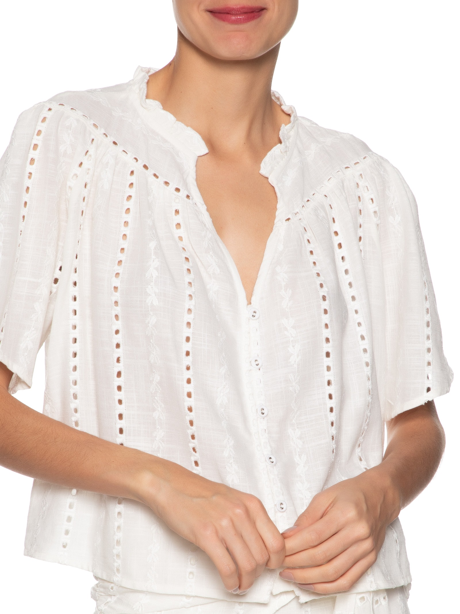 Blusa Feminina Franzido Bordado Listra Bali Branco Maria Filó