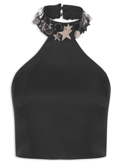 Blusa Feminina Frente Única Com Aplicações – Preto