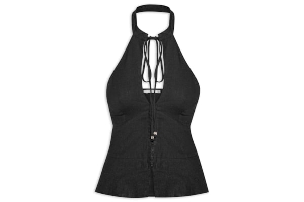 Blusa Feminina Frente Única Com Gola Alta Em Linho Misto - Preto