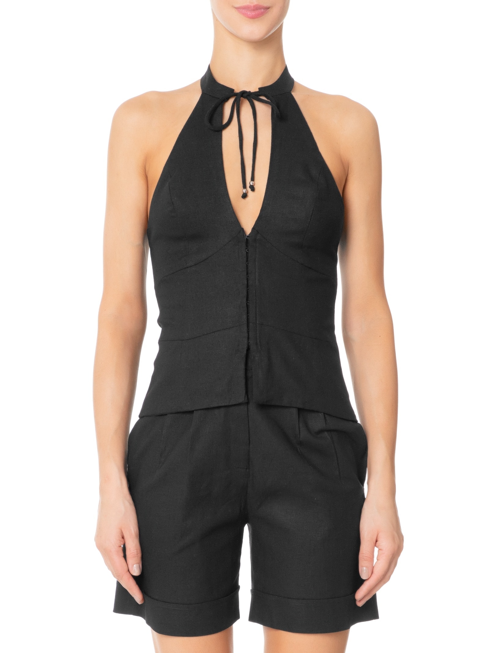 Blusa Feminina Frente Única Com Gola Alta Em Linho Misto Preto '2Essential