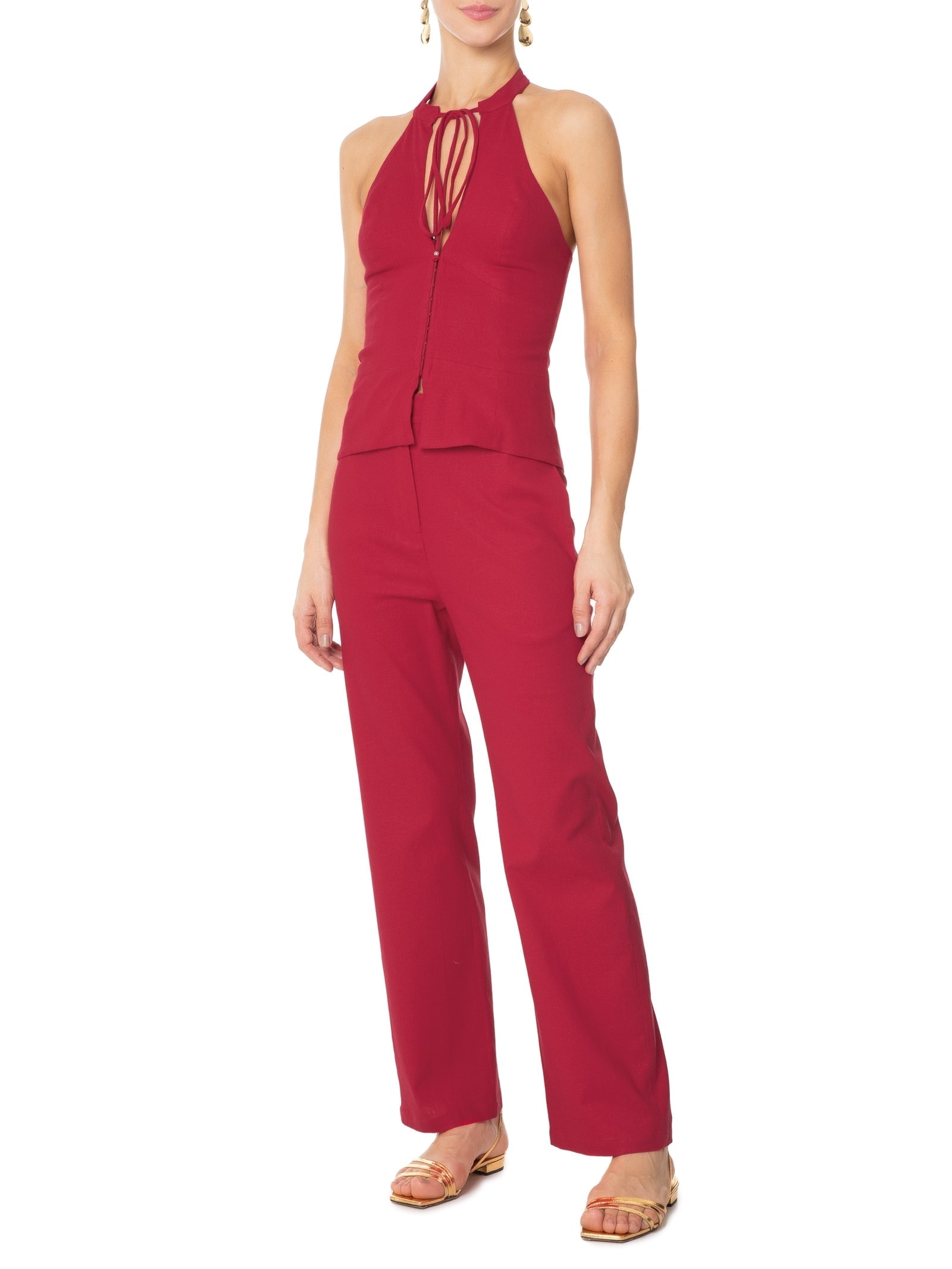 Blusa Feminina Frente Única Com Gola Alta Em Linho Misto Vermelho '2Essential