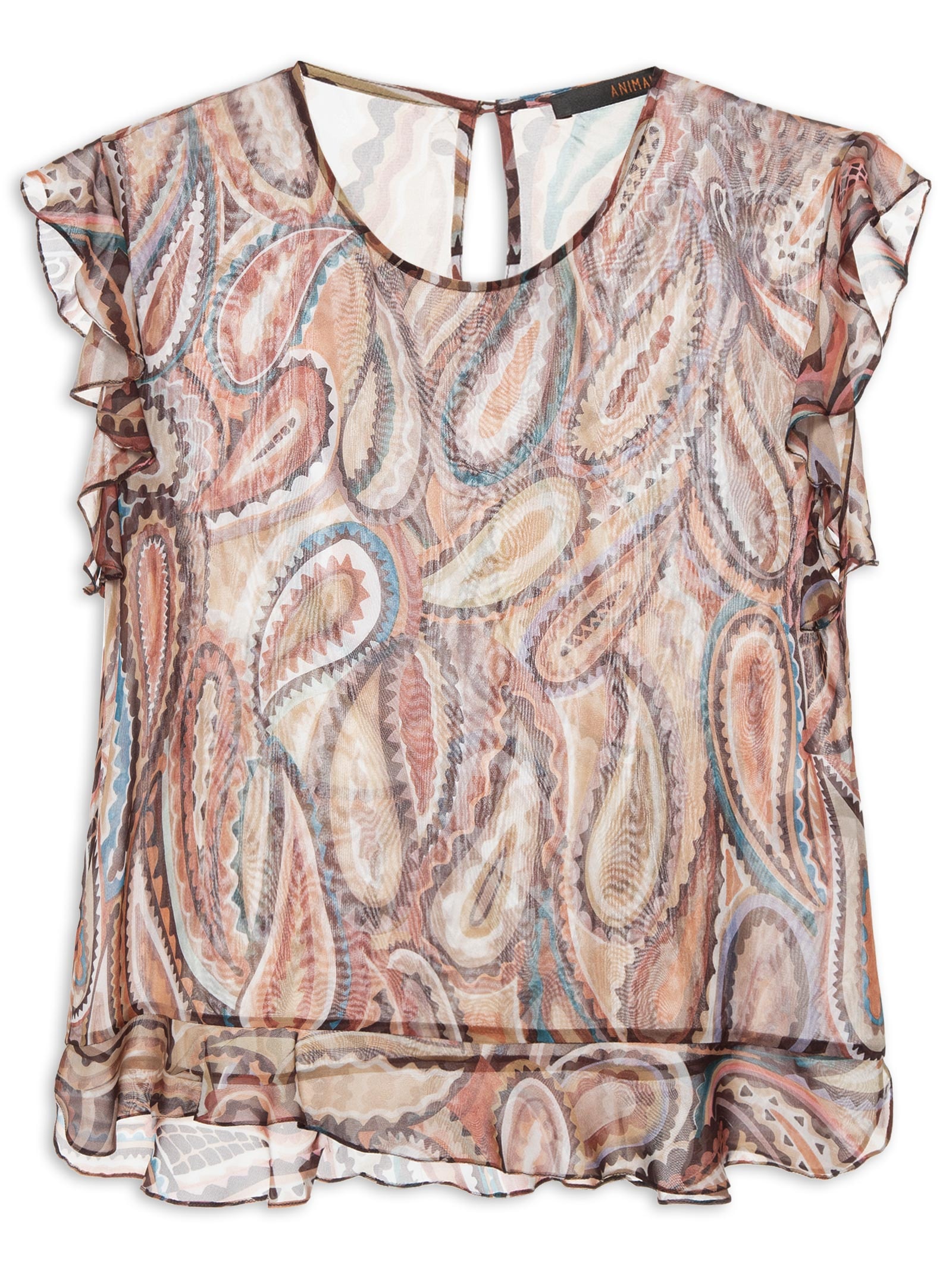 Blusa Feminina Georgette Leve Estampa Babados Marrom Animale