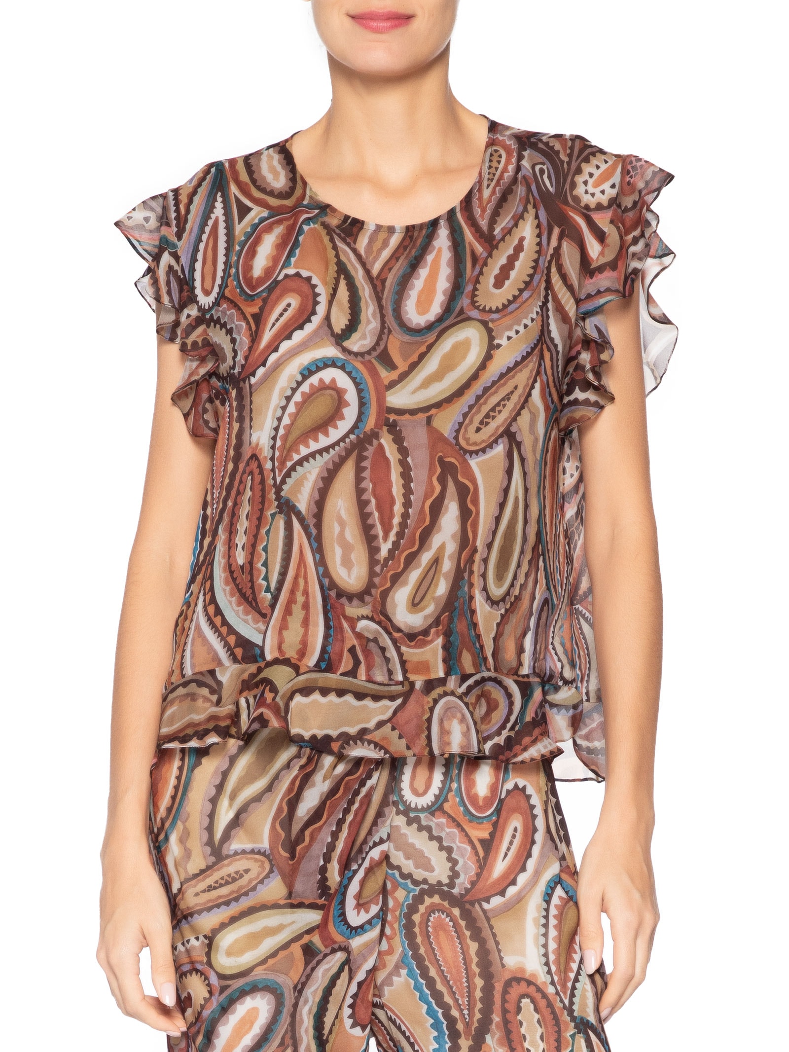 Blusa Feminina Georgette Leve Estampa Babados Marrom Animale
