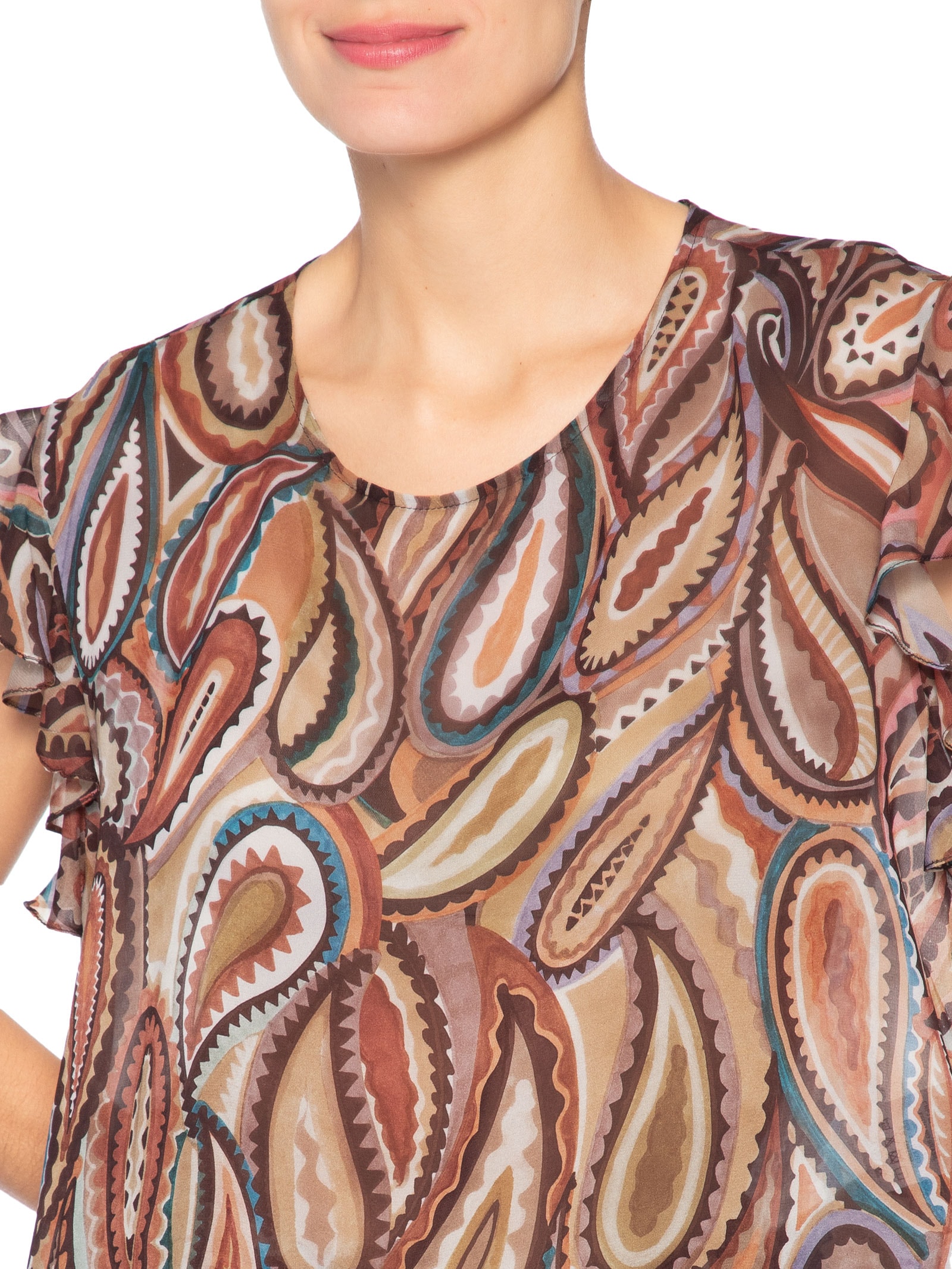 Blusa Feminina Georgette Leve Estampa Babados Marrom Animale