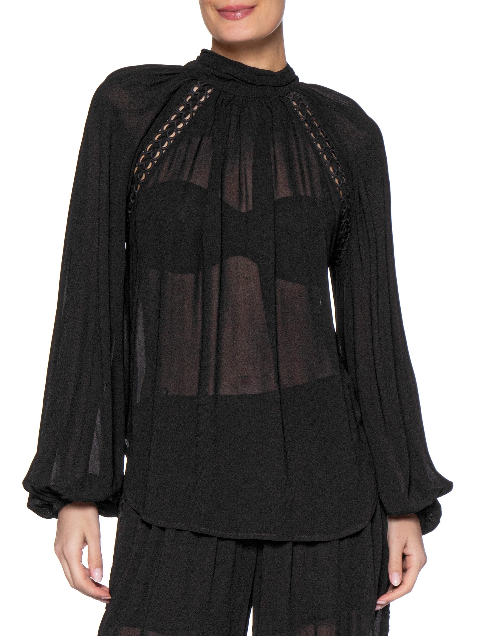 Blusa Feminina GGT Recorte Trançado Preto Maria Filó