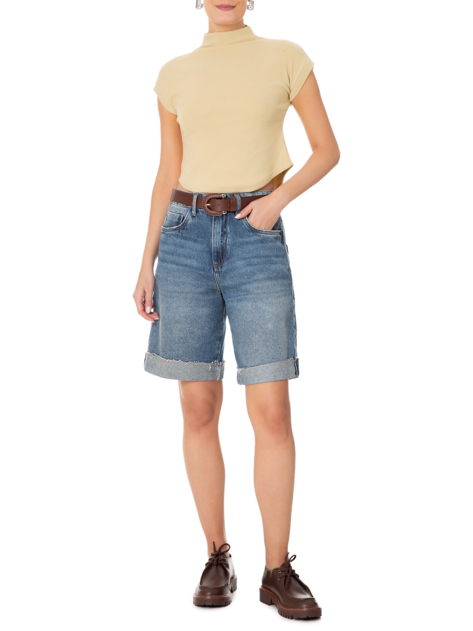 Blusa Feminina Gola Alta Barra Mullet Bege Basiq