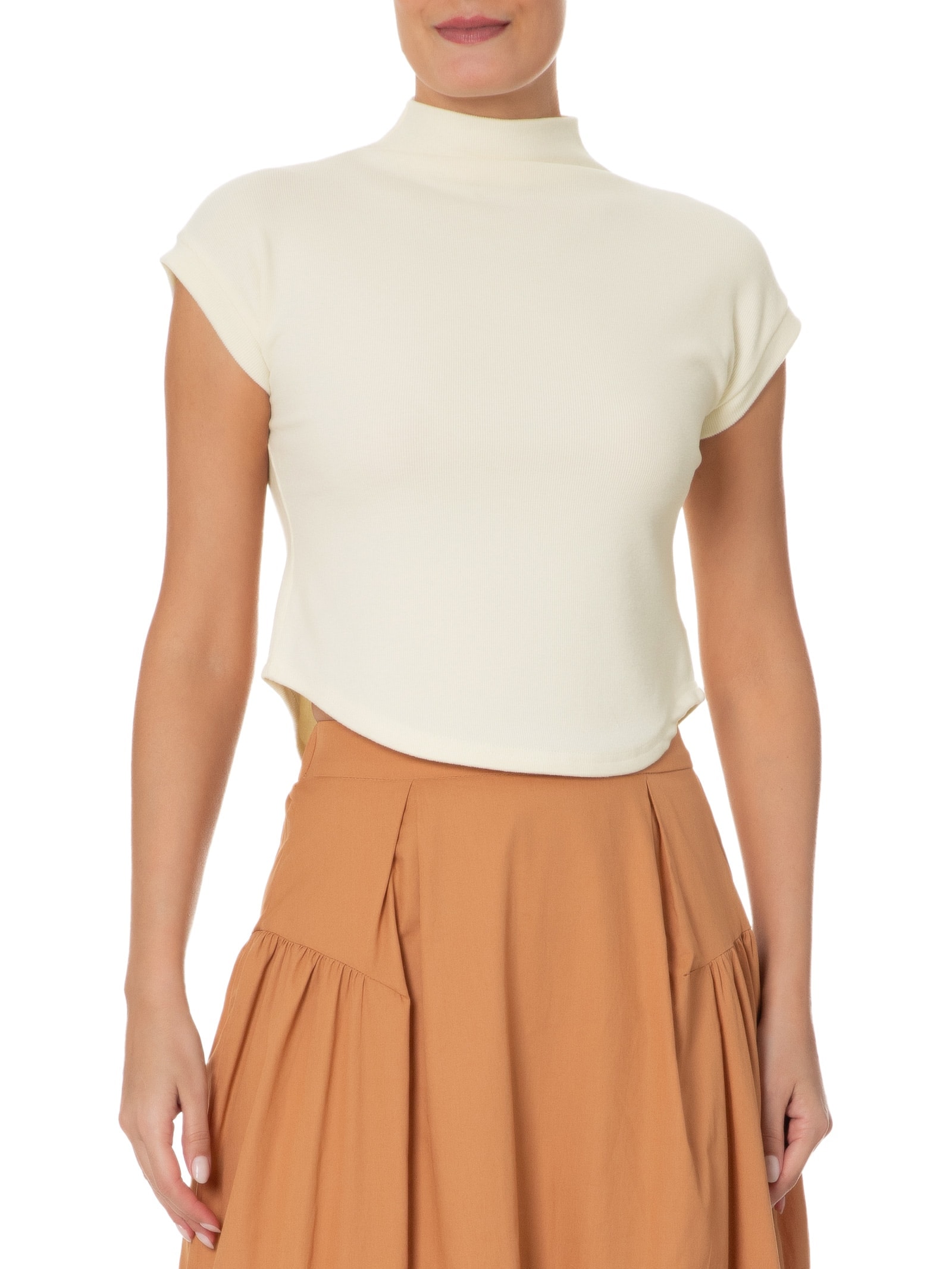 Blusa Feminina Gola Alta Barra Mullet Branco Basiq