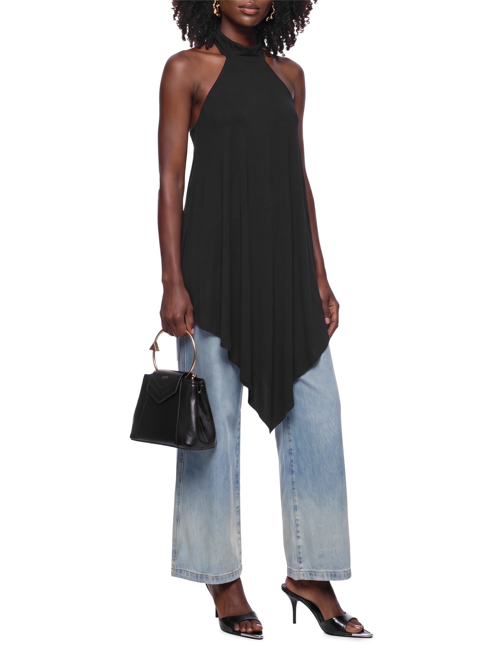 Blusa Feminina Gola Alta Com Metal Costas Preto Lança Perfume
