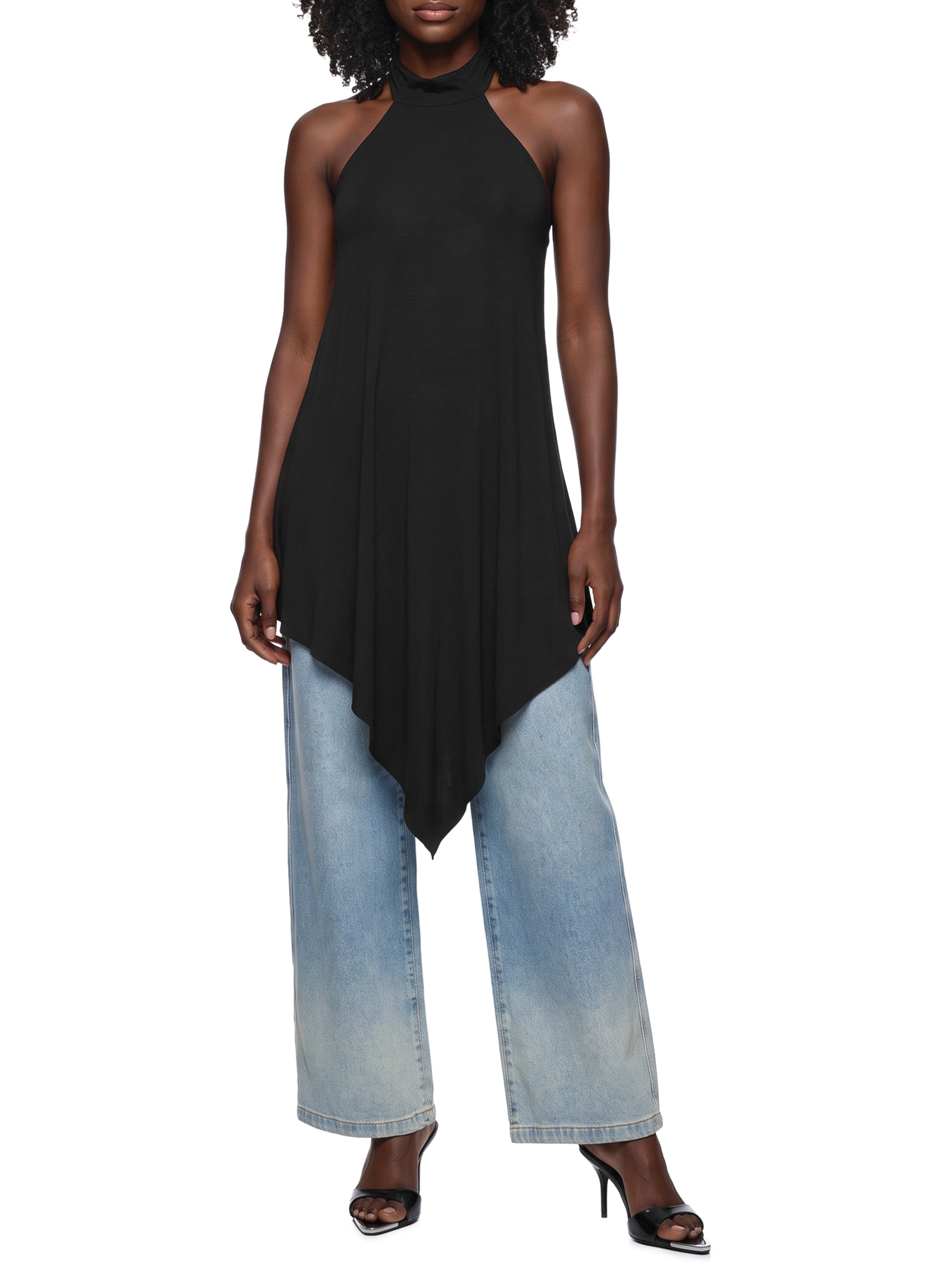 Blusa Feminina Gola Alta Com Metal Costas Preto Lança Perfume