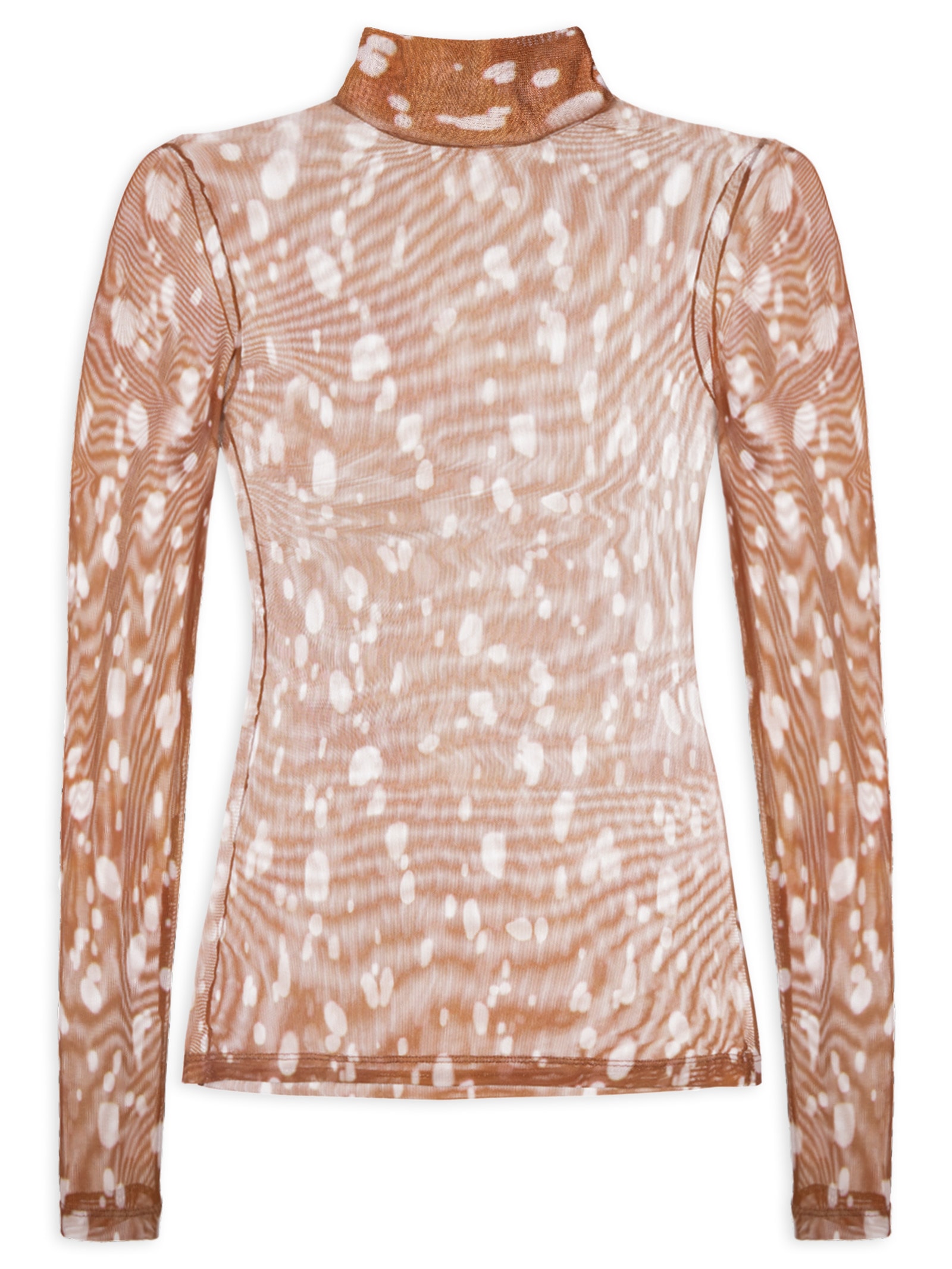 Blusa Feminina Gola Alta De Tule Color Marrom Animale